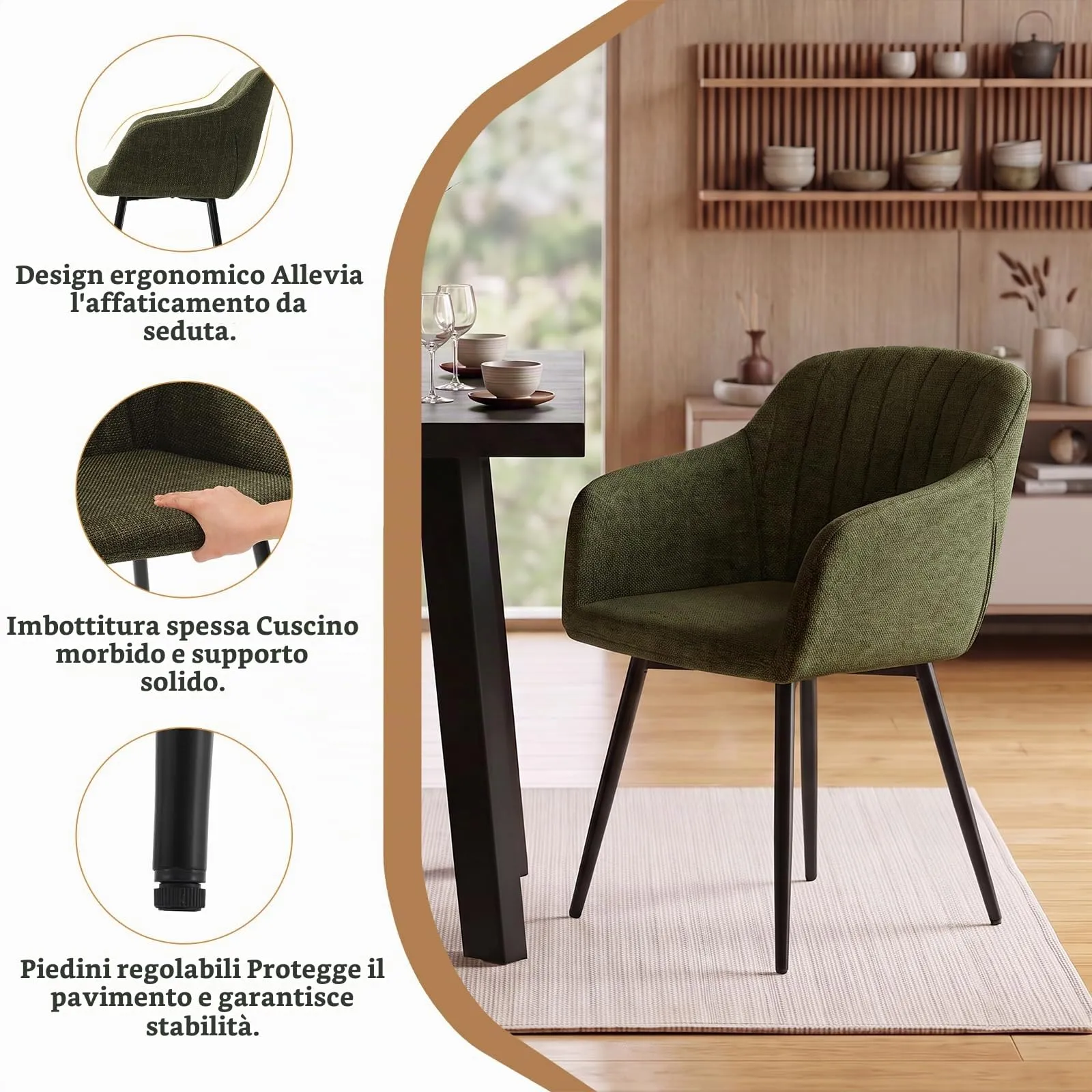 Goeurvant Set di 6 Sedie da Pranzo con Braccioli, Poltroncina Imbottita in Lino, Gambe in Metallo, Verde Oliva - immagine 4