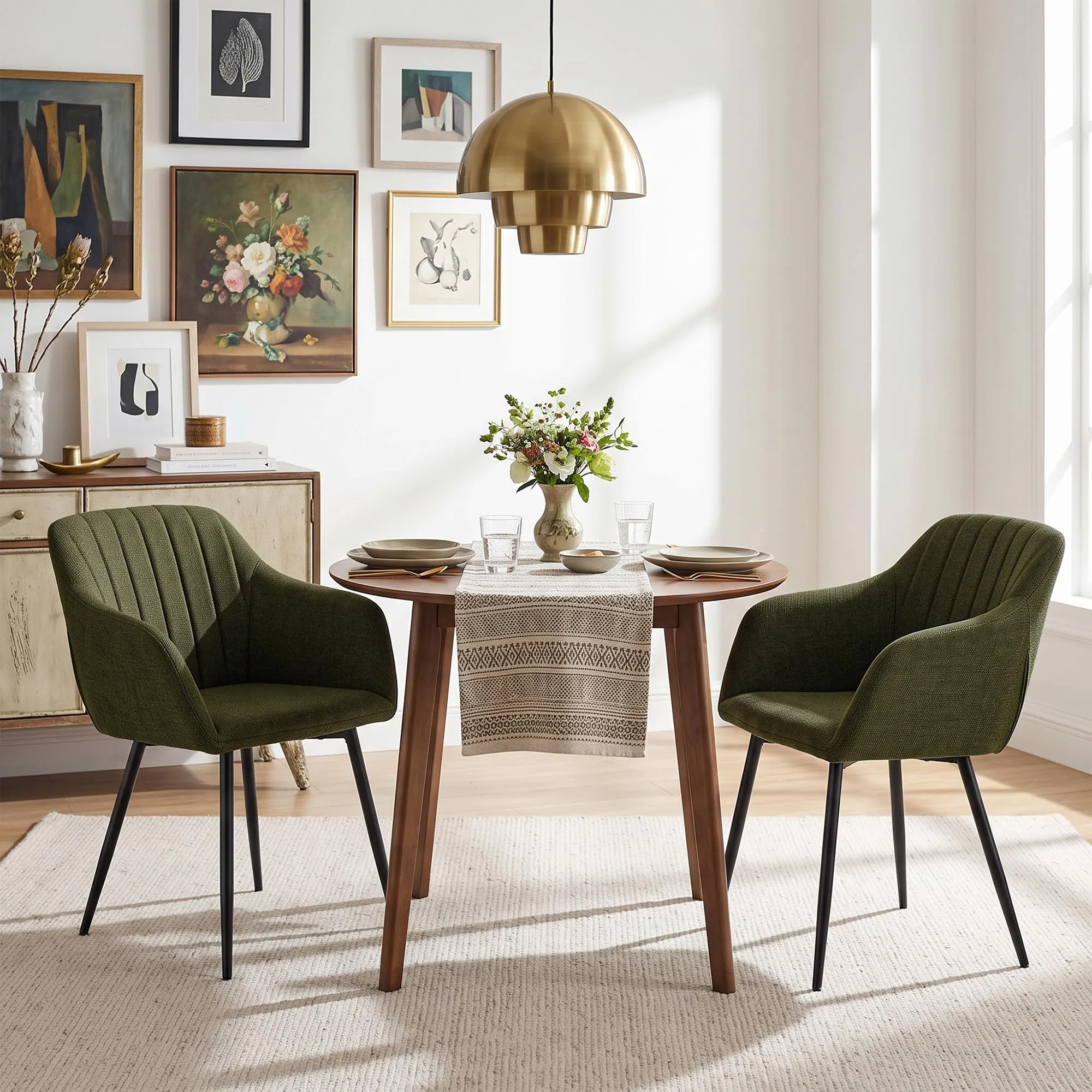 Goeurvant Set di 6 Sedie da Pranzo con Braccioli, Poltroncina Imbottita in Lino, Gambe in Metallo, Verde Oliva - immagine 7