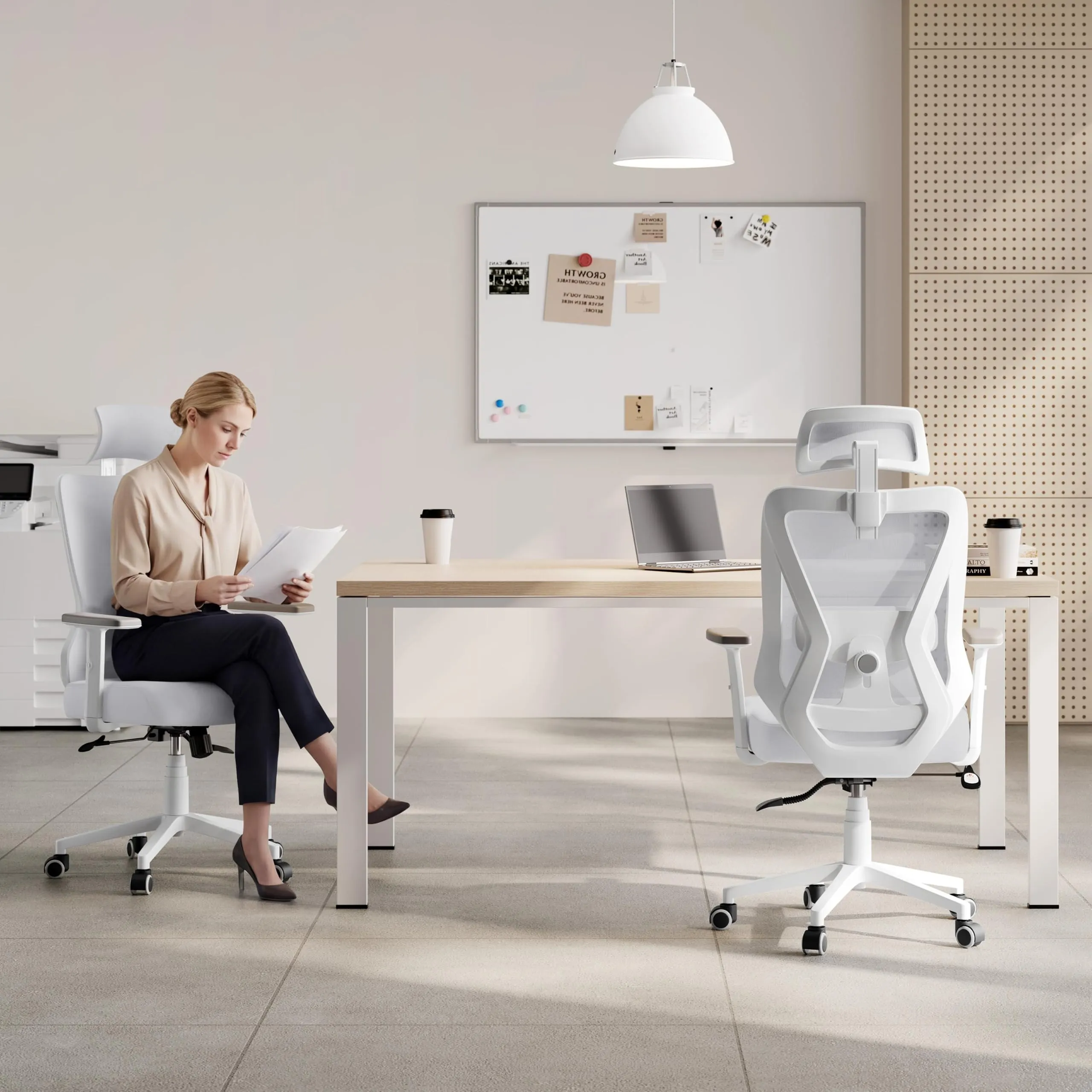 Yaheetech Poltrona da Ufficio Ergonomica Lombare Bianco/Grigio - immagine 2