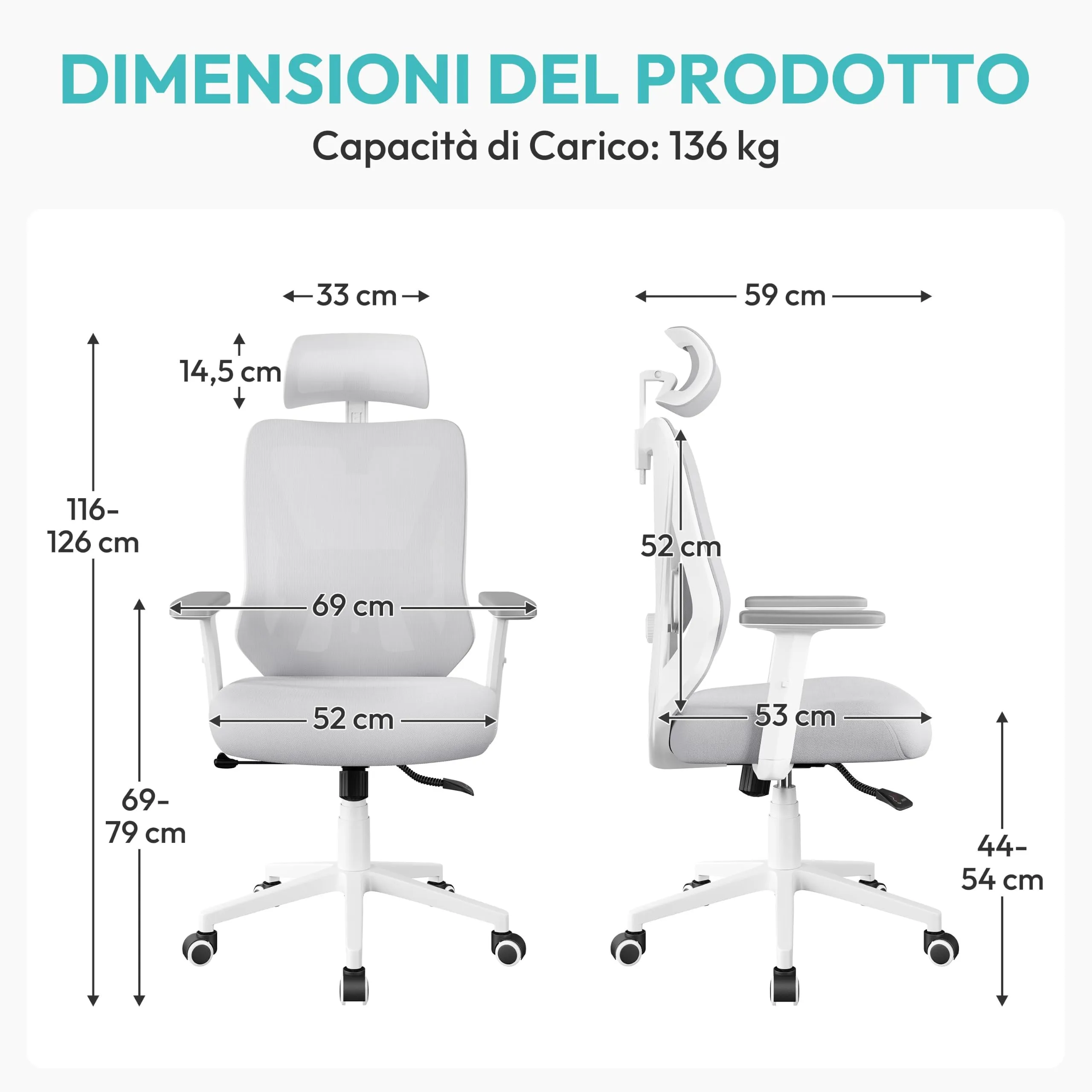 Yaheetech Poltrona da Ufficio Ergonomica Lombare Bianco/Grigio - immagine 3