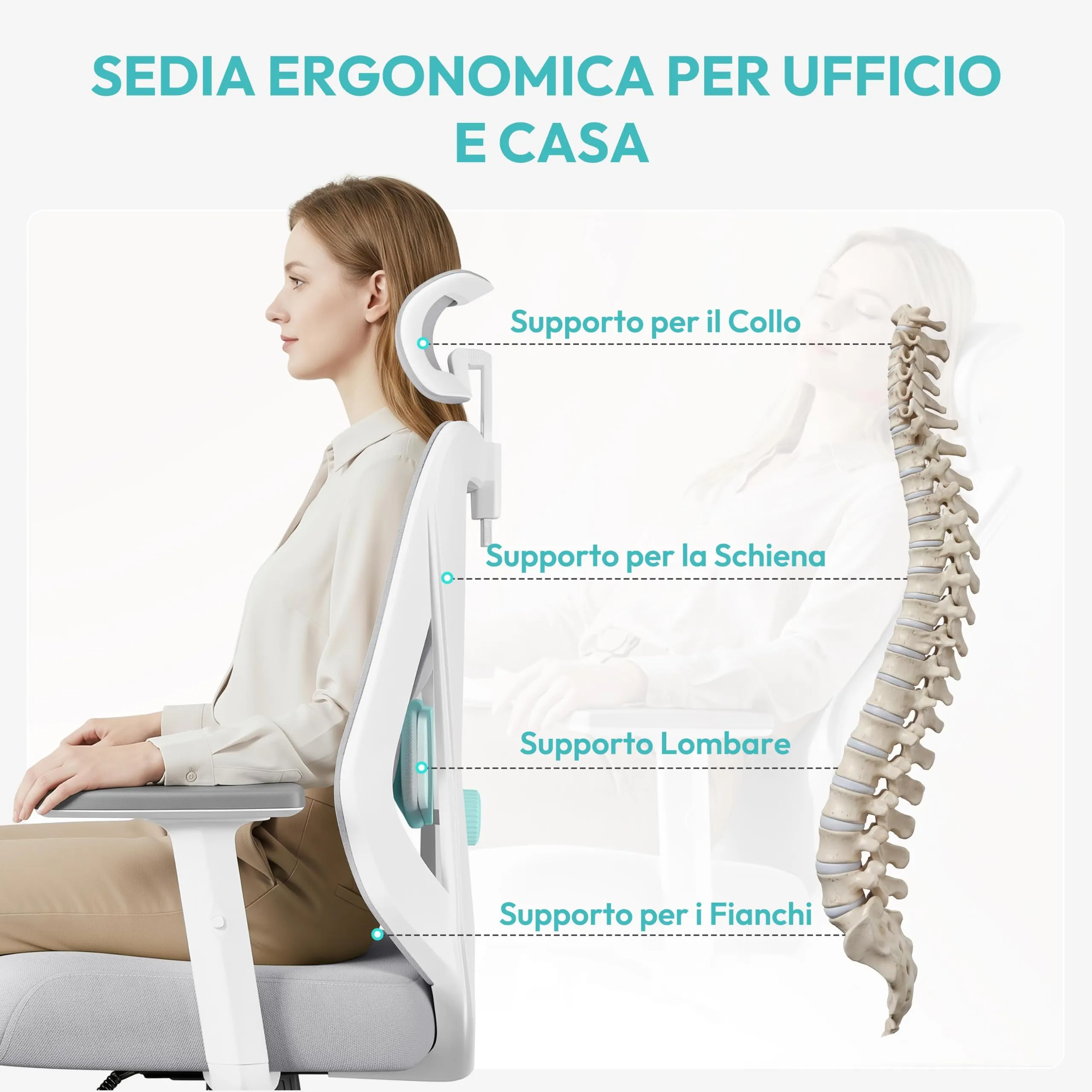 Yaheetech Poltrona da Ufficio Ergonomica Lombare Bianco/Grigio - immagine 5