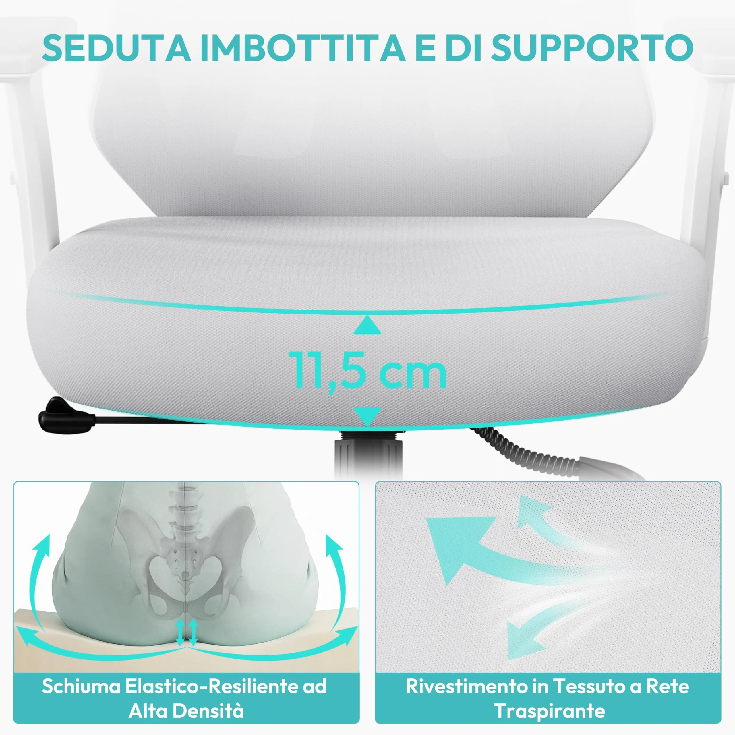 Yaheetech Poltrona da Ufficio Ergonomica Lombare Bianco/Grigio - immagine 6