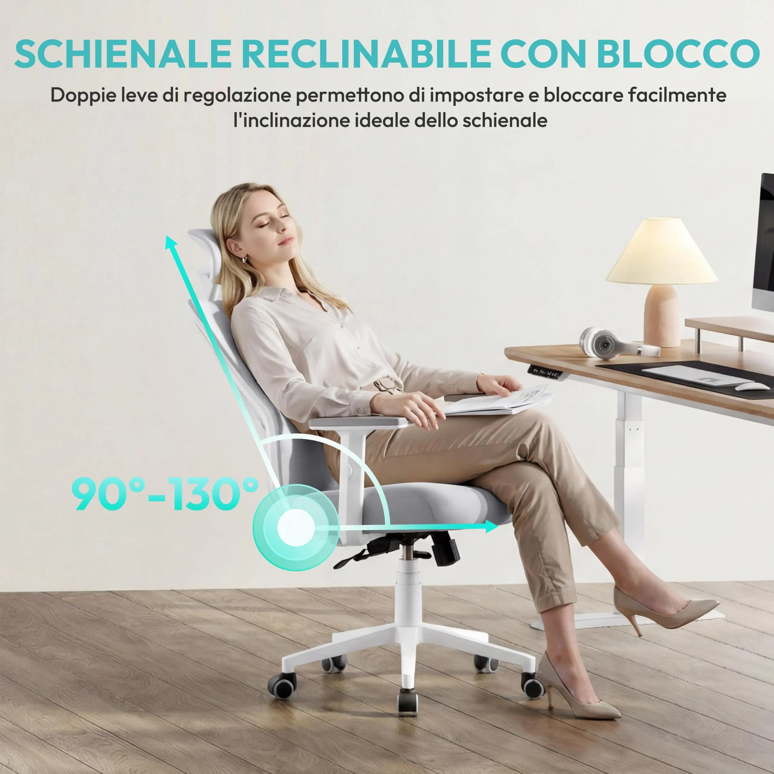 Yaheetech Poltrona da Ufficio Ergonomica Lombare Bianco/Grigio - immagine 7