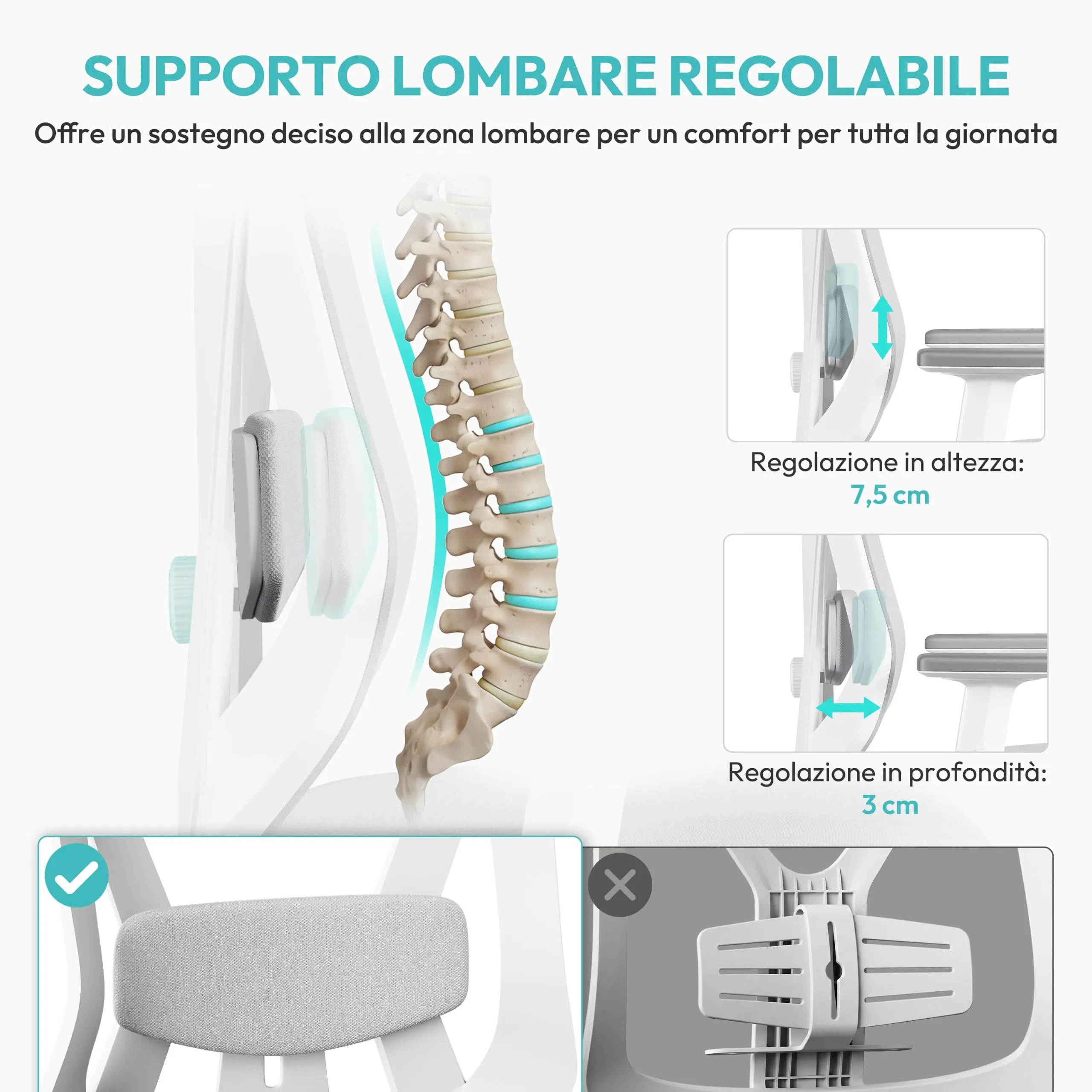 Yaheetech Poltrona da Ufficio Ergonomica Lombare Bianco/Grigio - immagine 8