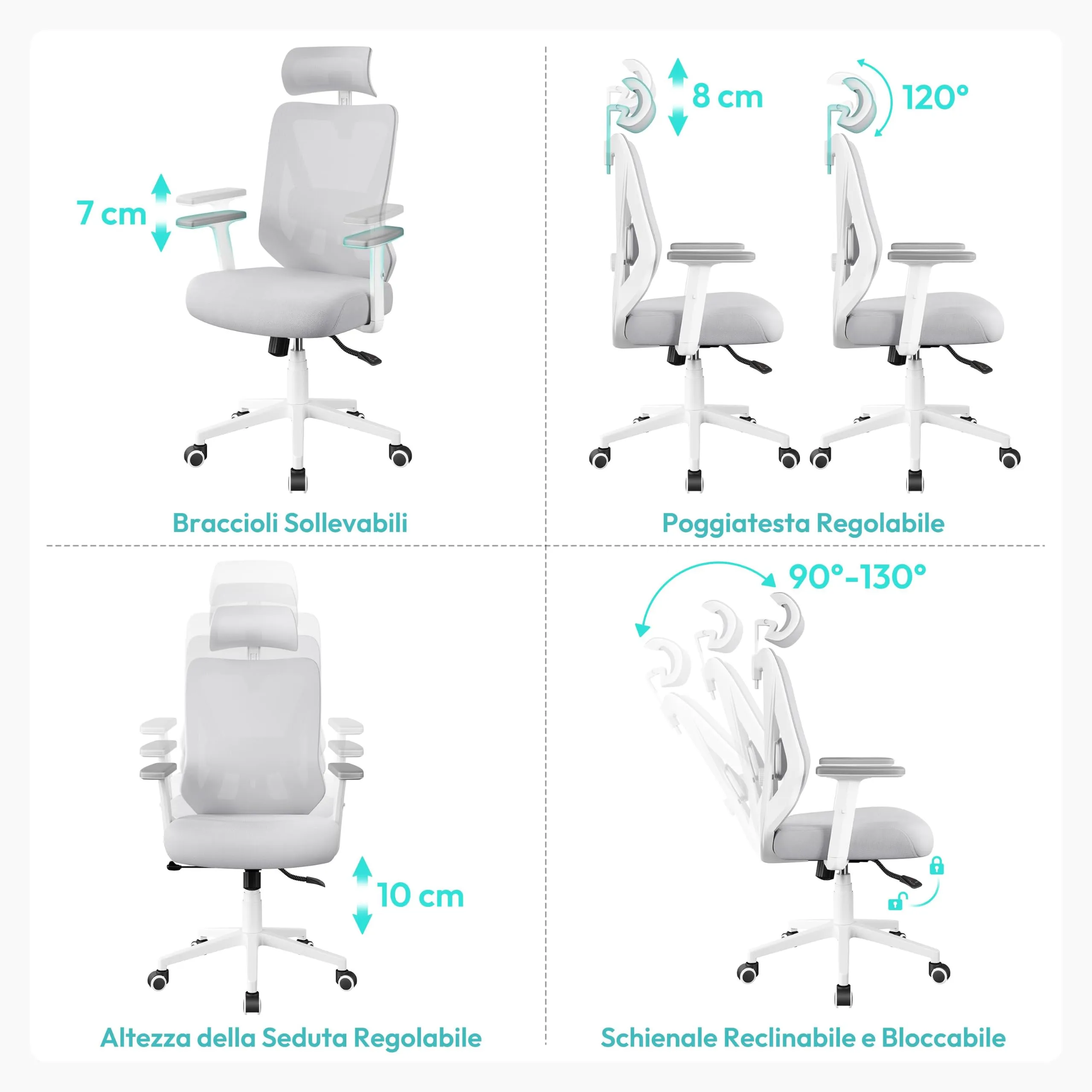 Yaheetech Poltrona da Ufficio Ergonomica Lombare Bianco/Grigio - immagine 9