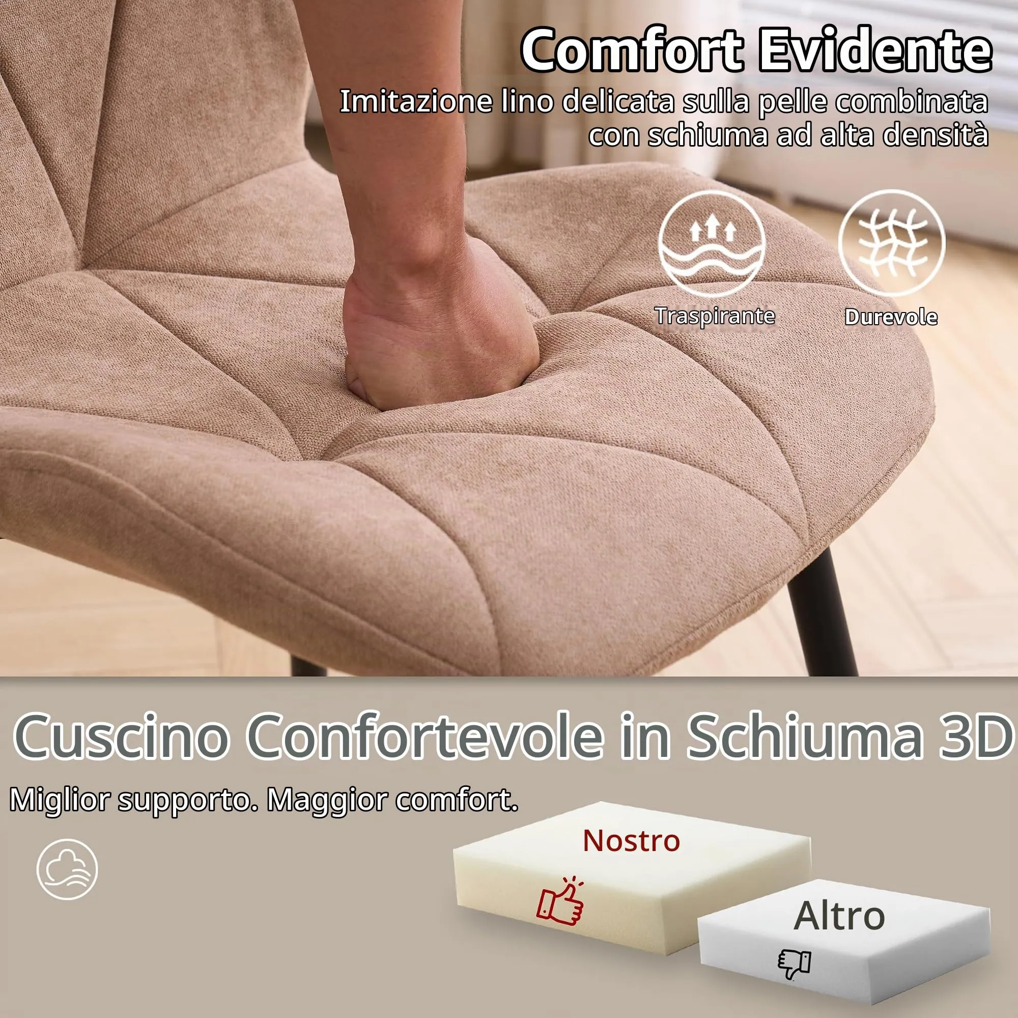 GrandCA HOME Set di 8 Sedie da Pranzo Imbottite in Tessuto a Rombi con Gambe in Metallo, Kaki - immagine 5