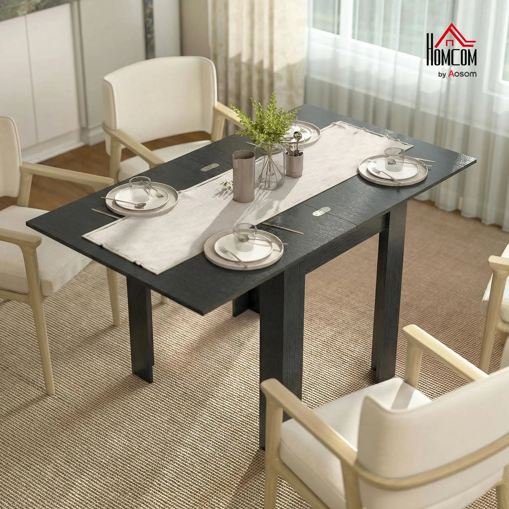 HOMCOM Tavolo da Pranzo Allungabile 70-140cm per 4-6 Persone, Nero Effetto Legno - immagine 2