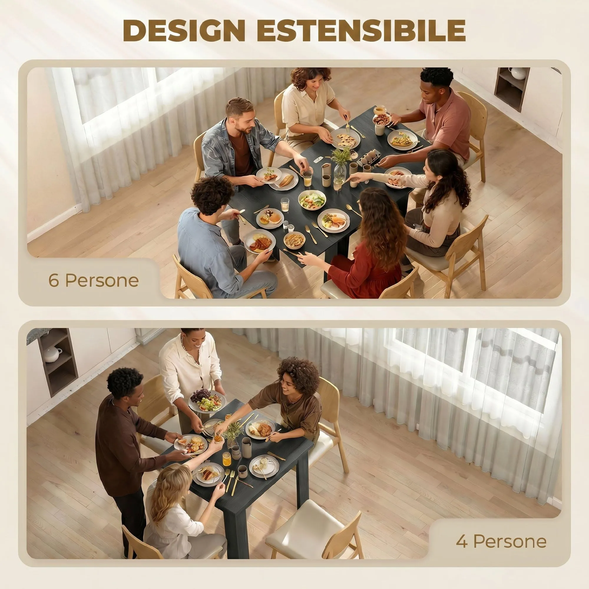 HOMCOM Tavolo da Pranzo Allungabile 70-140cm per 4-6 Persone, Nero Effetto Legno - immagine 3