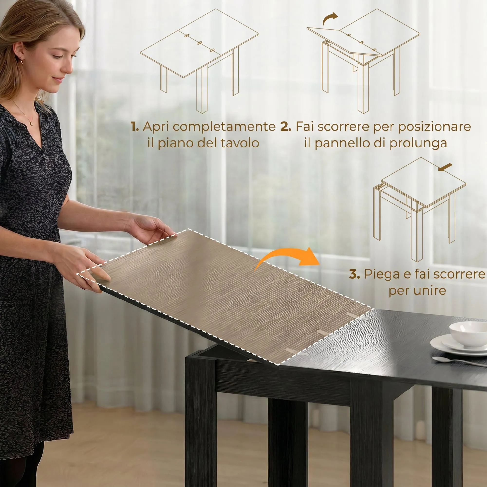 HOMCOM Tavolo da Pranzo Allungabile 70-140cm per 4-6 Persone, Nero Effetto Legno - immagine 4