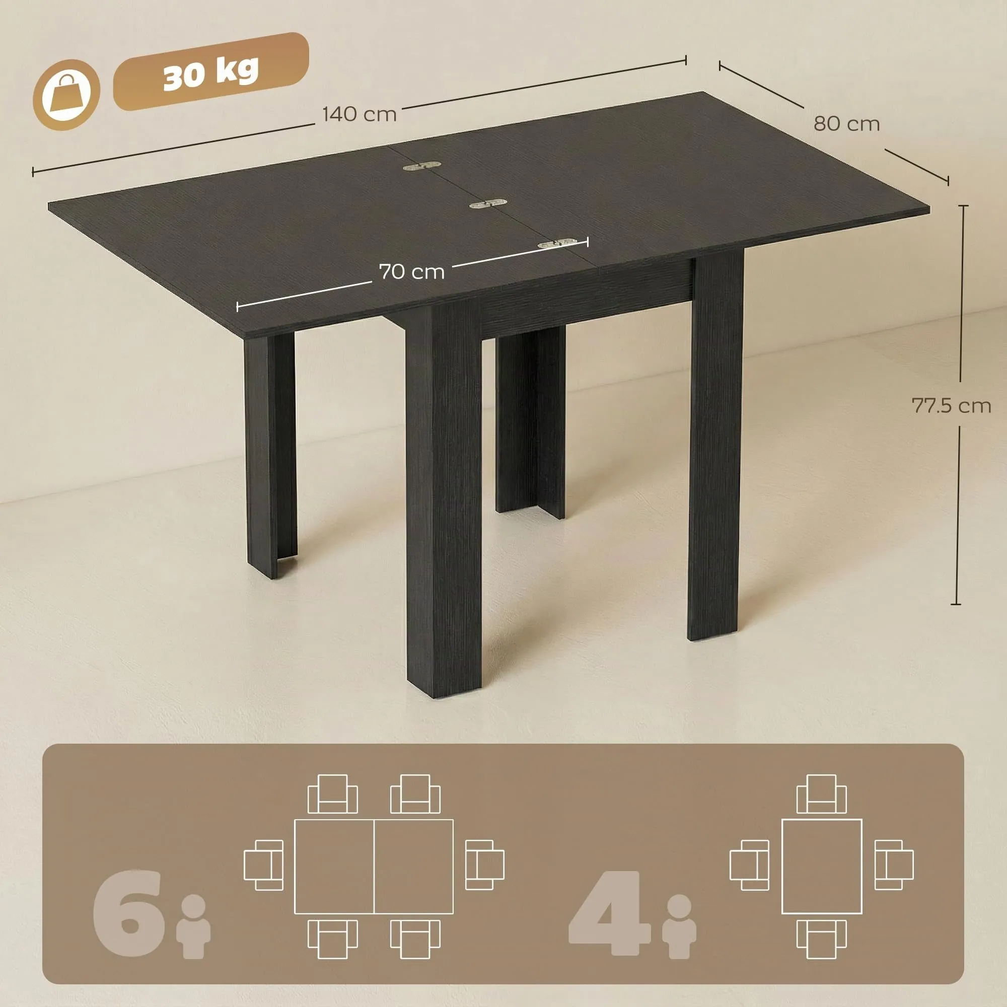 HOMCOM Tavolo da Pranzo Allungabile 70-140cm per 4-6 Persone, Nero Effetto Legno - immagine 6