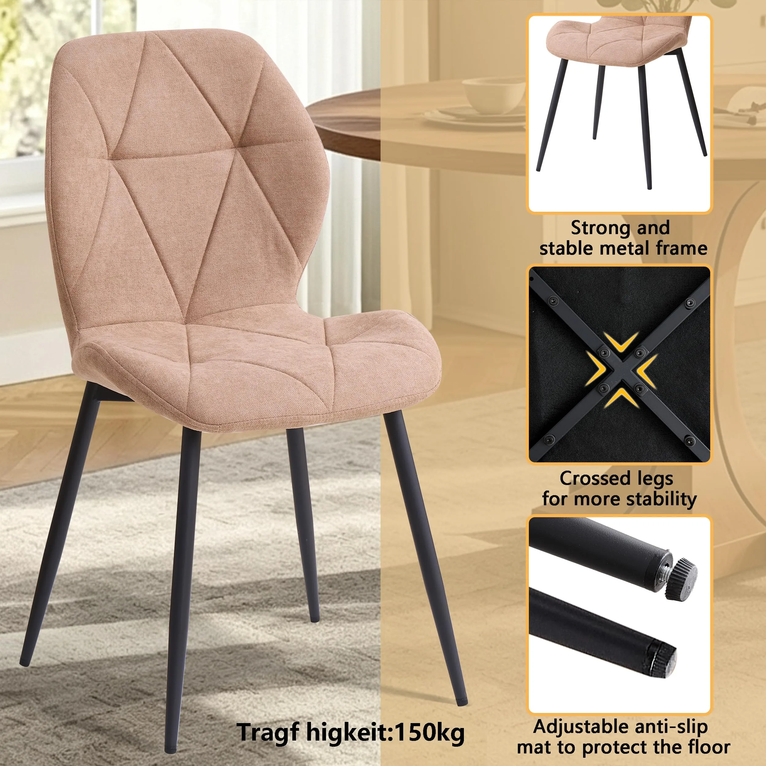 GrandCA HOME Set di 2 Sedie da Pranzo Imbottite in Tessuto a Rombi, Gambe in Metallo, Kaki - immagine 4
