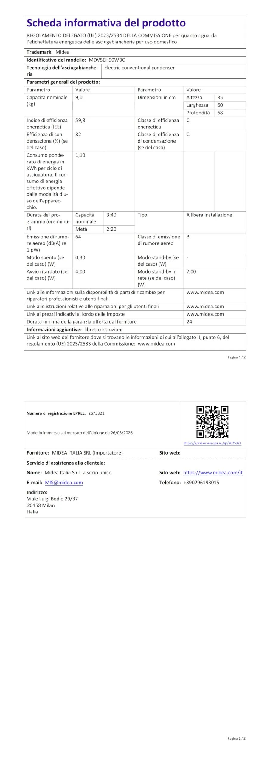 Midea Serie V5 Asciugatrice Pompa di Calore 9 kg MDV5EH90WBC - immagine 13