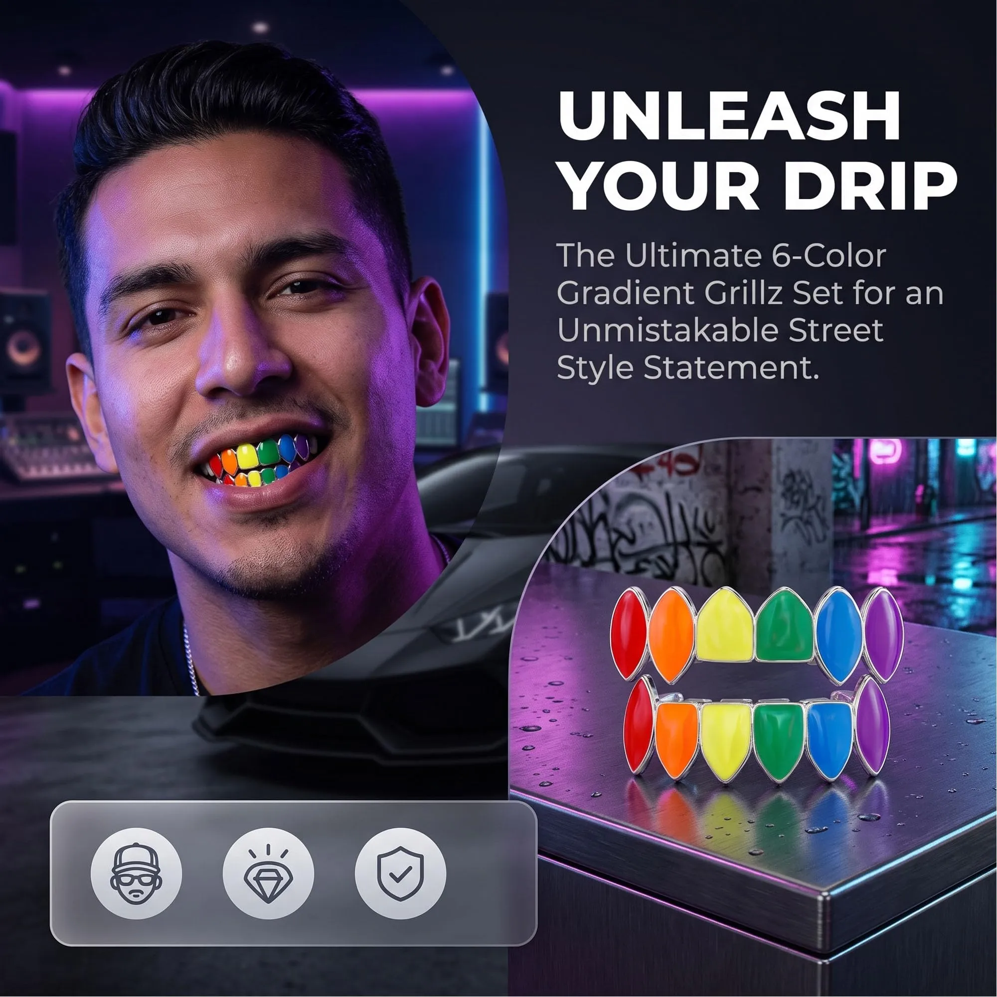 LONGHAO Set di 2 Grillz Hip Hop per Denti con 2 Stampi in Silicone, Metallo - immagine 6