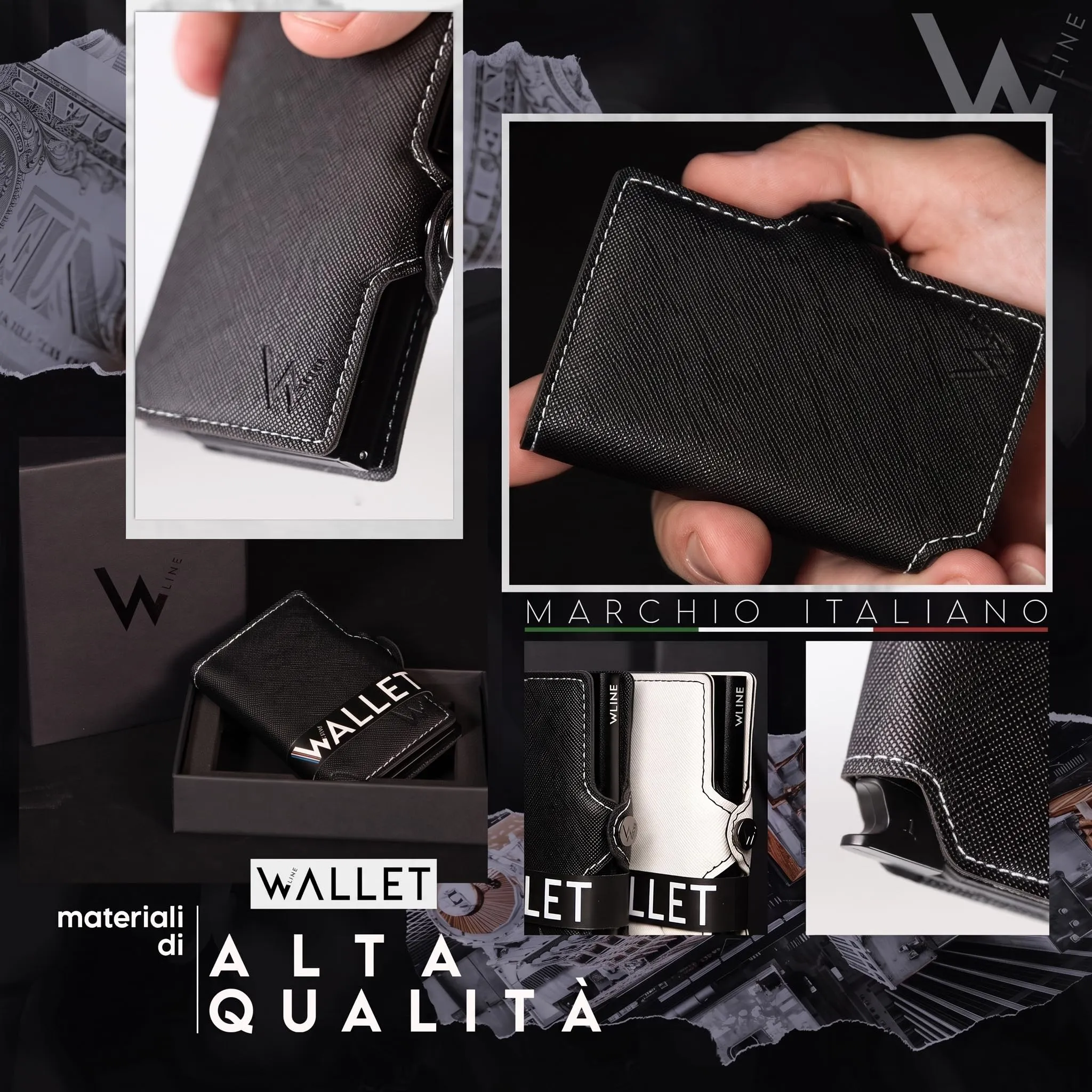 WLine Portafoglio Uomo Slim RFID in Pelle PU, Nero e Bianco Saffiano, Senza Zip - immagine 5