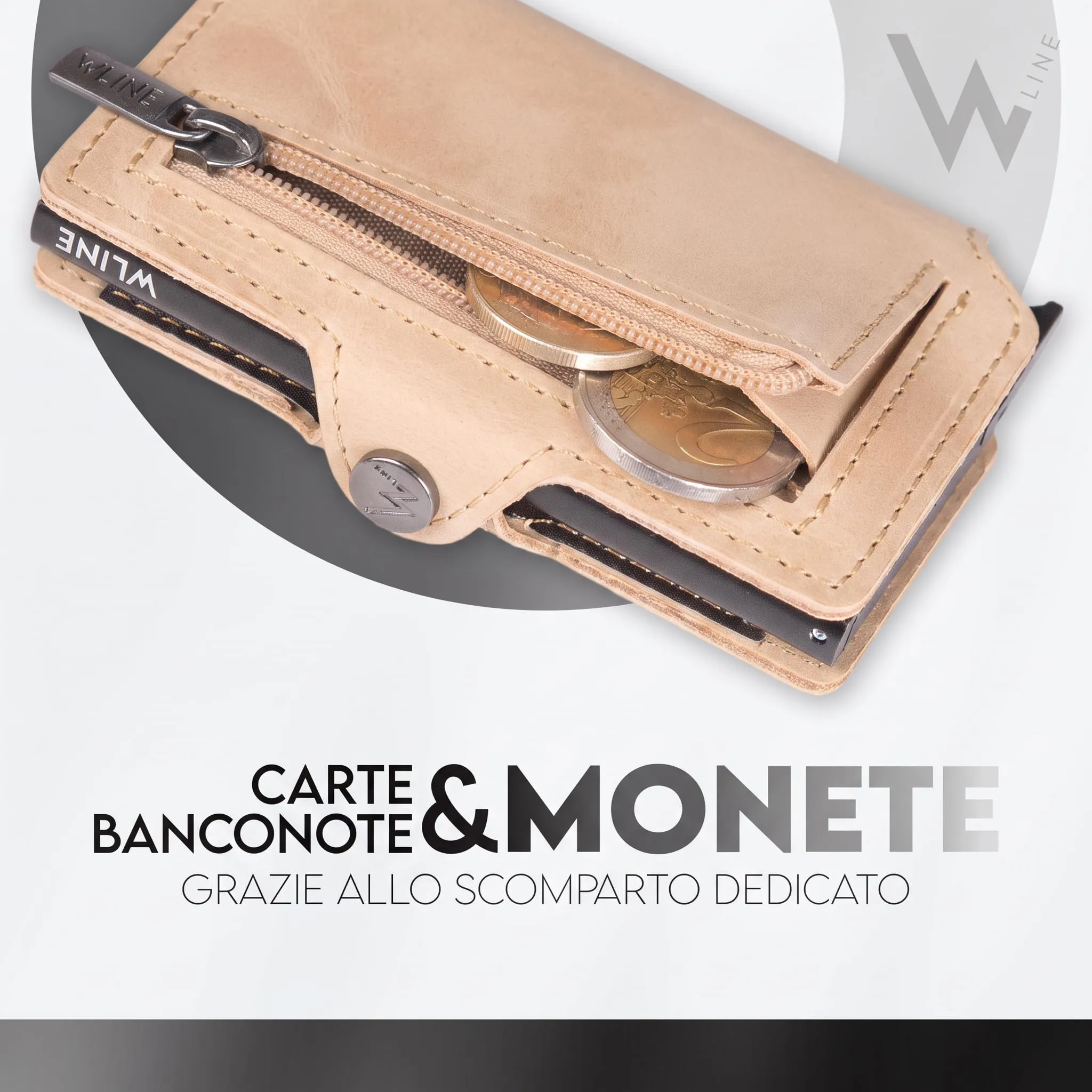 WLine Portafoglio Donna e Uomo Piccolo con RFID e Zip, Pelle PU, Sabbia Vintage - immagine 2