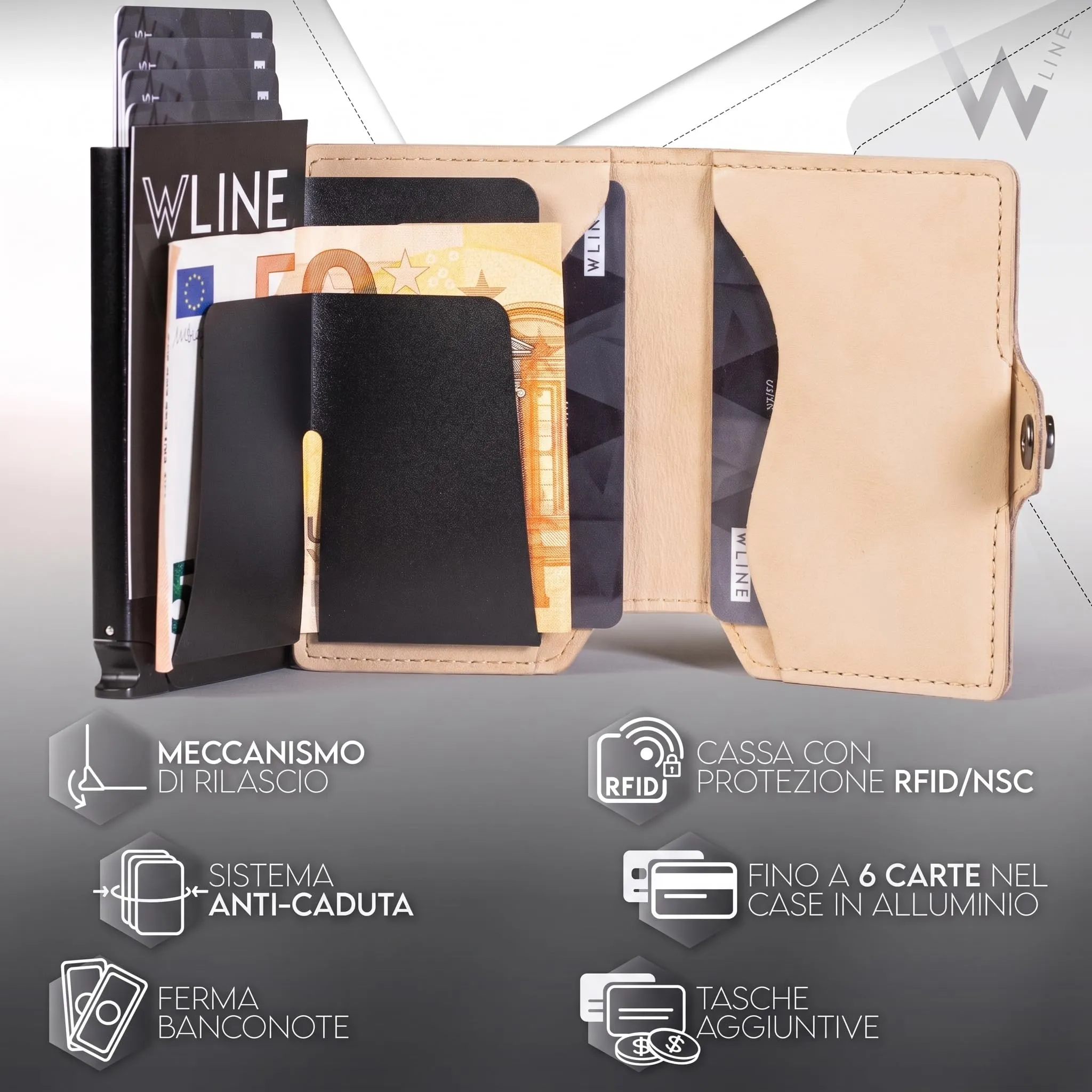 WLine Portafoglio Donna e Uomo Piccolo con RFID e Zip, Pelle PU, Sabbia Vintage - immagine 4