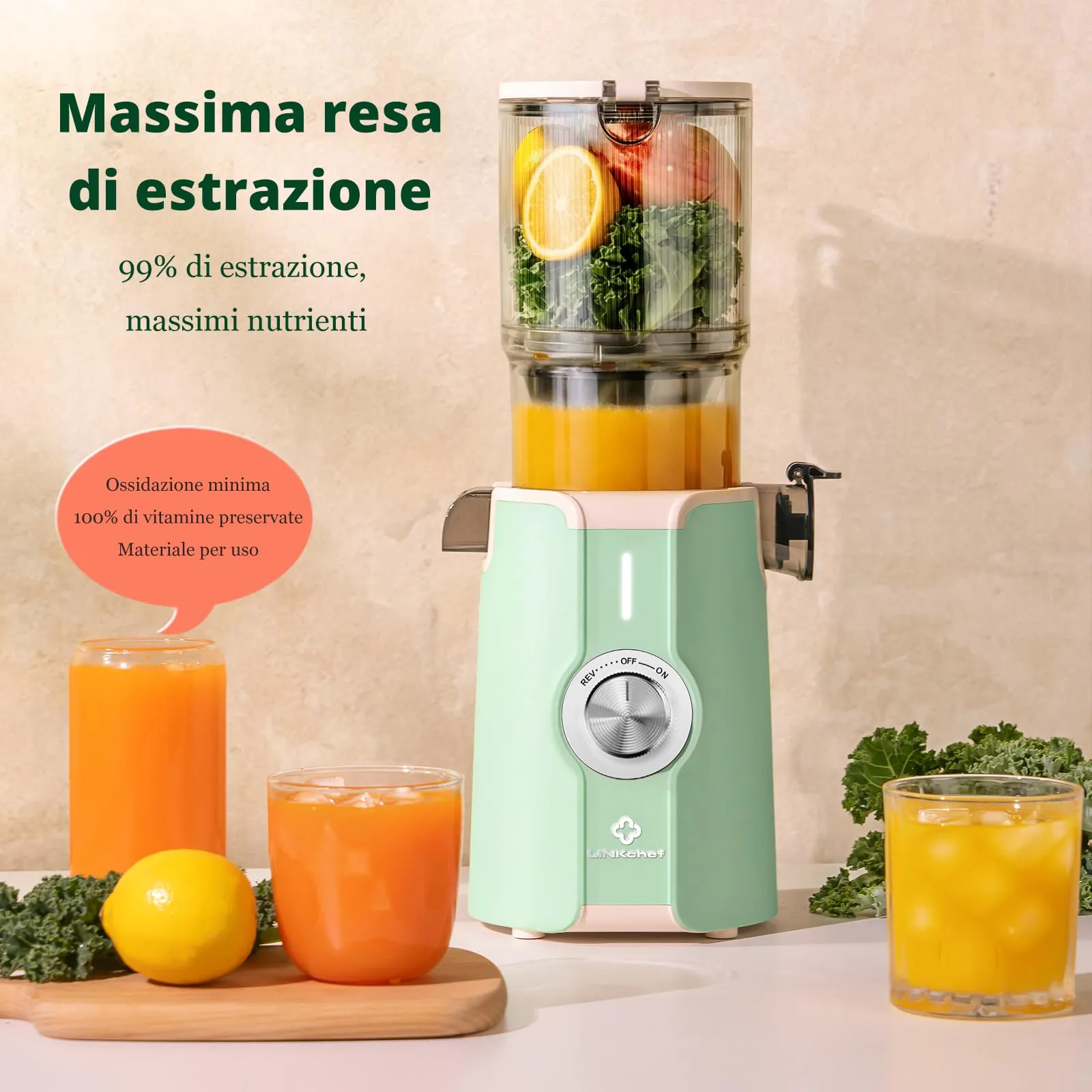 LINKChef Estrattore di succo a freddo, Slow Juicer per frutta e verdura, apertura 115mm, 1.2L, 200W - immagine 5
