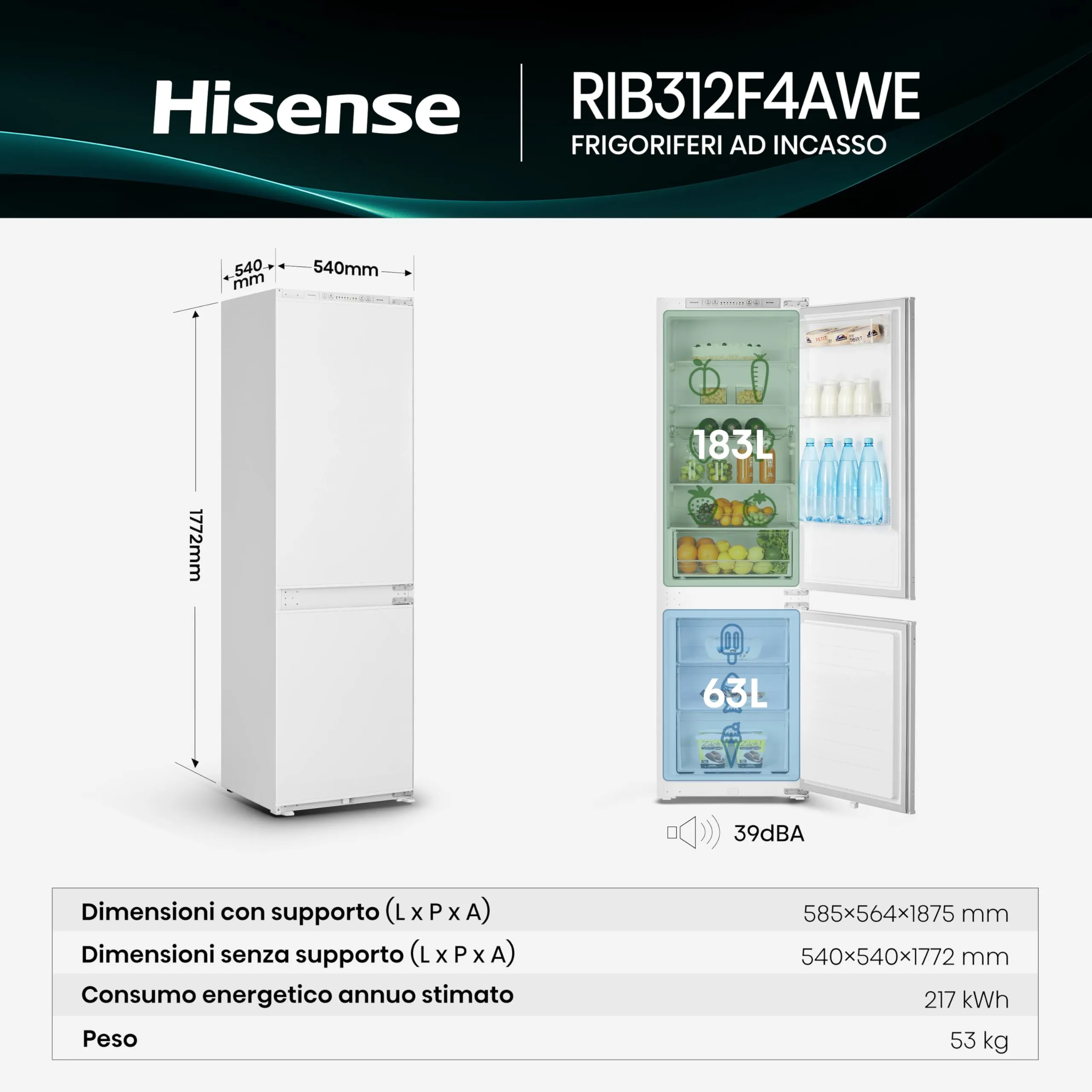 Hisense Rib312F4Awe Frigorifero Combinato Da Incasso No Frost, 246 L, Bianco - immagine 2