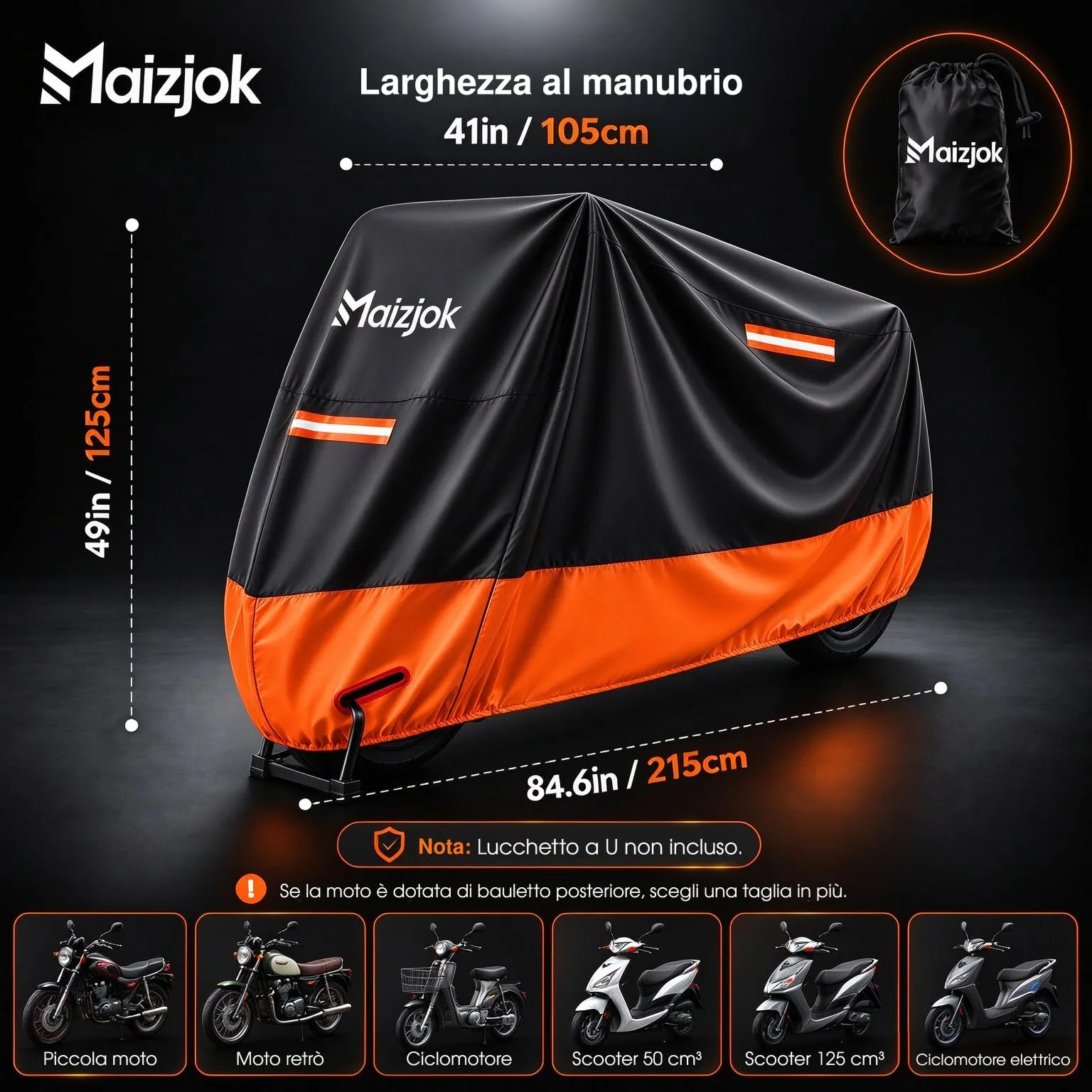 Maizjok Telo Copri Scooter e Motorino 50-125cc Impermeabile, 215x105x125 cm, Nero/Arancione - immagine 7