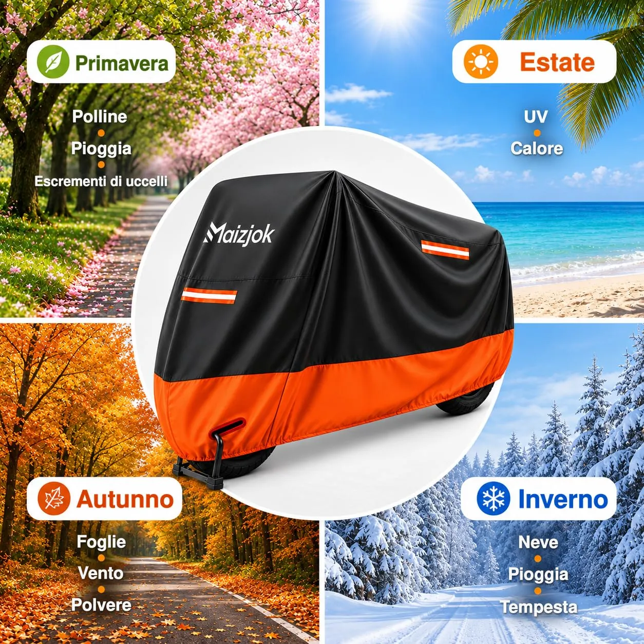 Maizjok Telo Copri Scooter e Motorino 50-125cc Impermeabile, 215x105x125 cm, Nero/Arancione - immagine 9