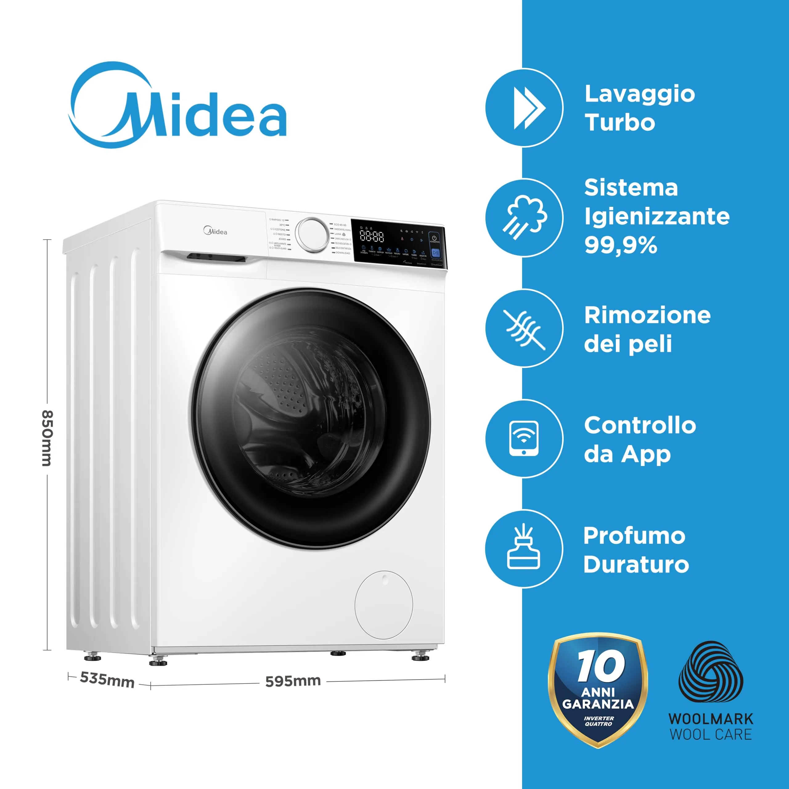 Midea Lavasciuga 10/7 kg Classe A-10%/D 1400 Giri Turbo Wash Controllo App MFV5ED100WBA10 - immagine 2