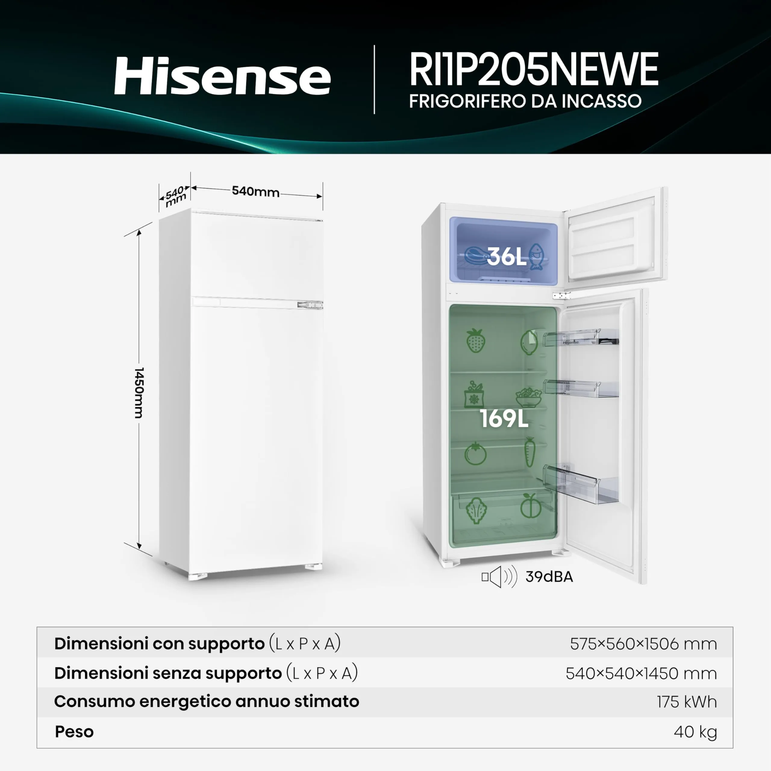 Hisense RI1P205NEWE Frigorifero Combinato Incasso 205 Litri, Classe E, Bianco - immagine 2