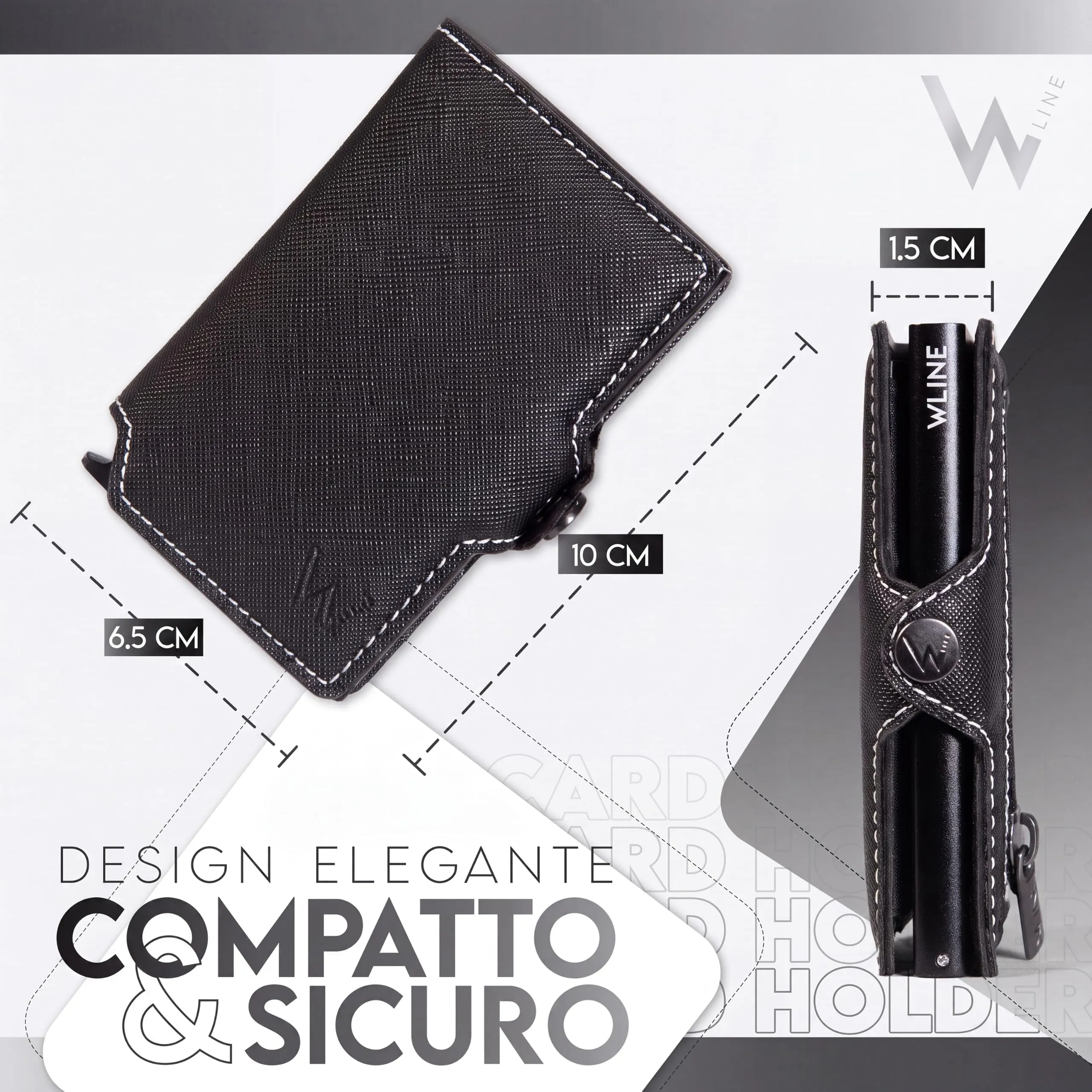 WLine Portafoglio Uomo Slim RFID con Zip, Pelle PU, Nero e Bianco Saffiano - immagine 2