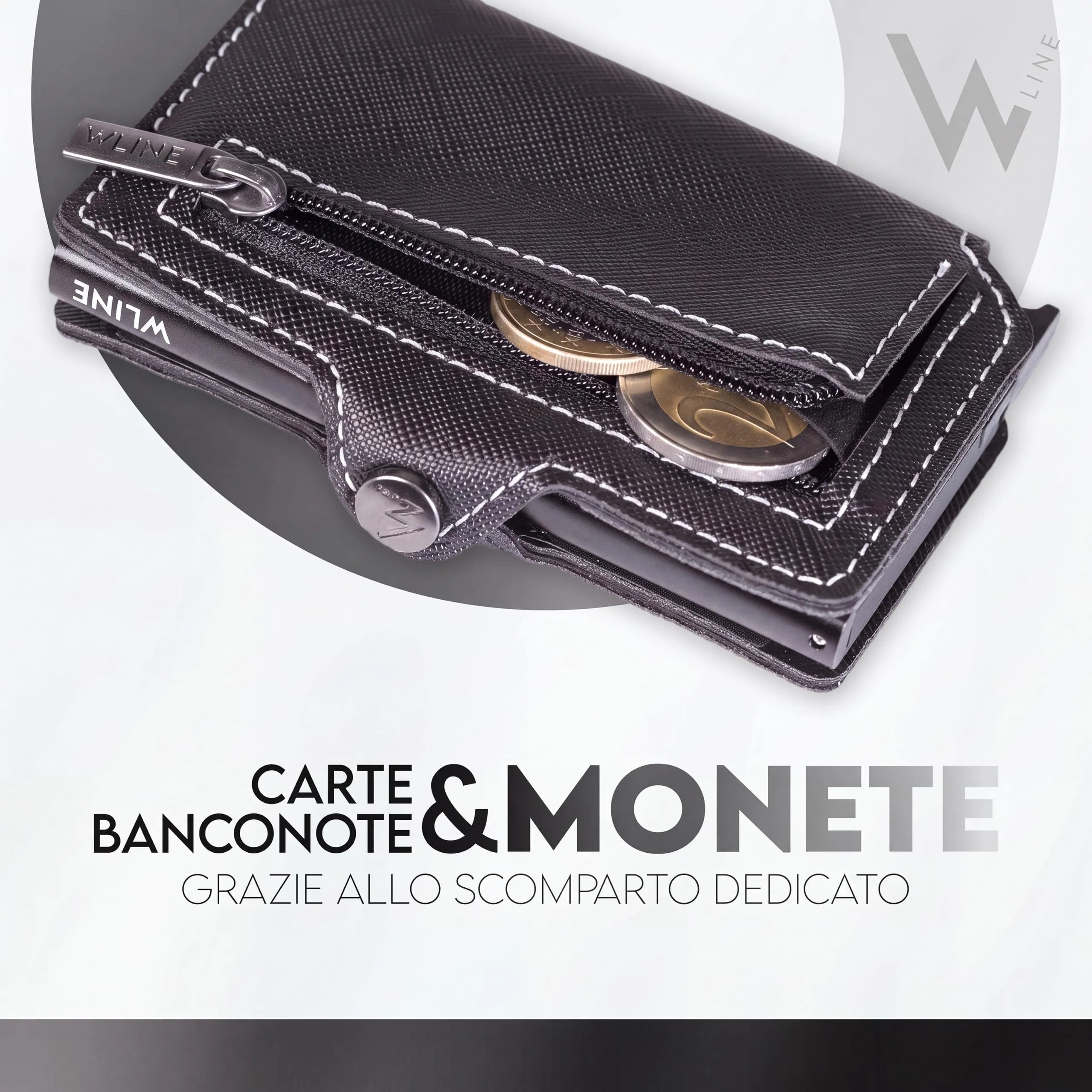 WLine Portafoglio Uomo Slim RFID con Zip, Pelle PU, Nero e Bianco Saffiano - immagine 4