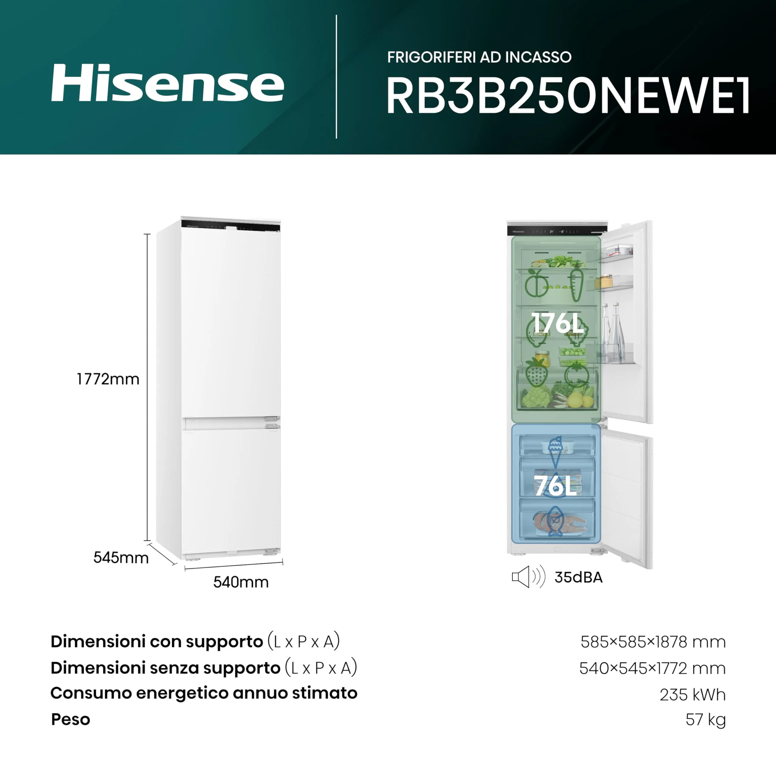Hisense RB3B250NEWE1 Frigorifero Combinato da Incasso 252 Litri, Total No Frost, Bianco - immagine 2