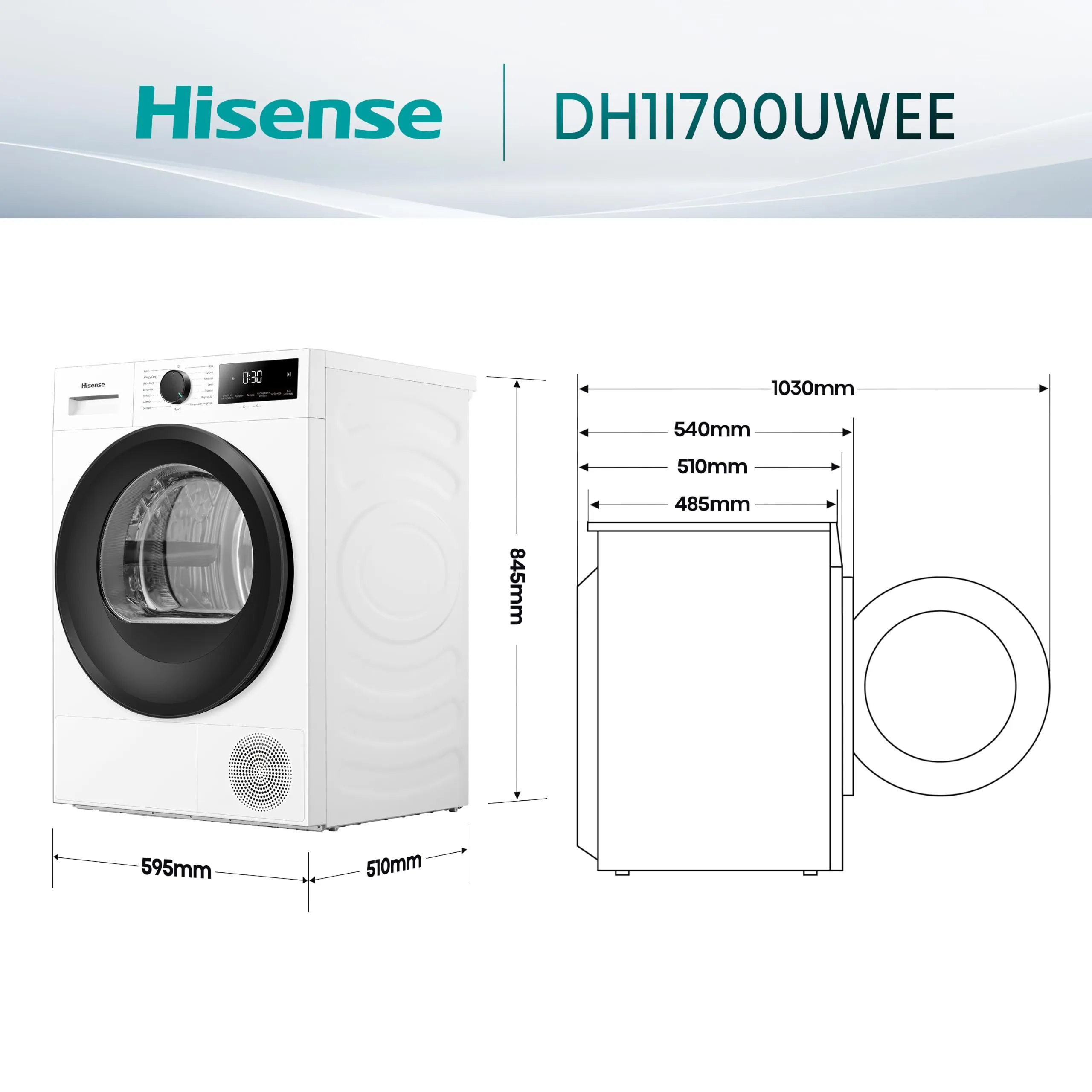 Hisense DH1I700UWEE Asciugatrice Pompa di Calore, 7 Kg, Classe E, Display Touch, Filtro Aromatico, 15 Programmi - immagine 2