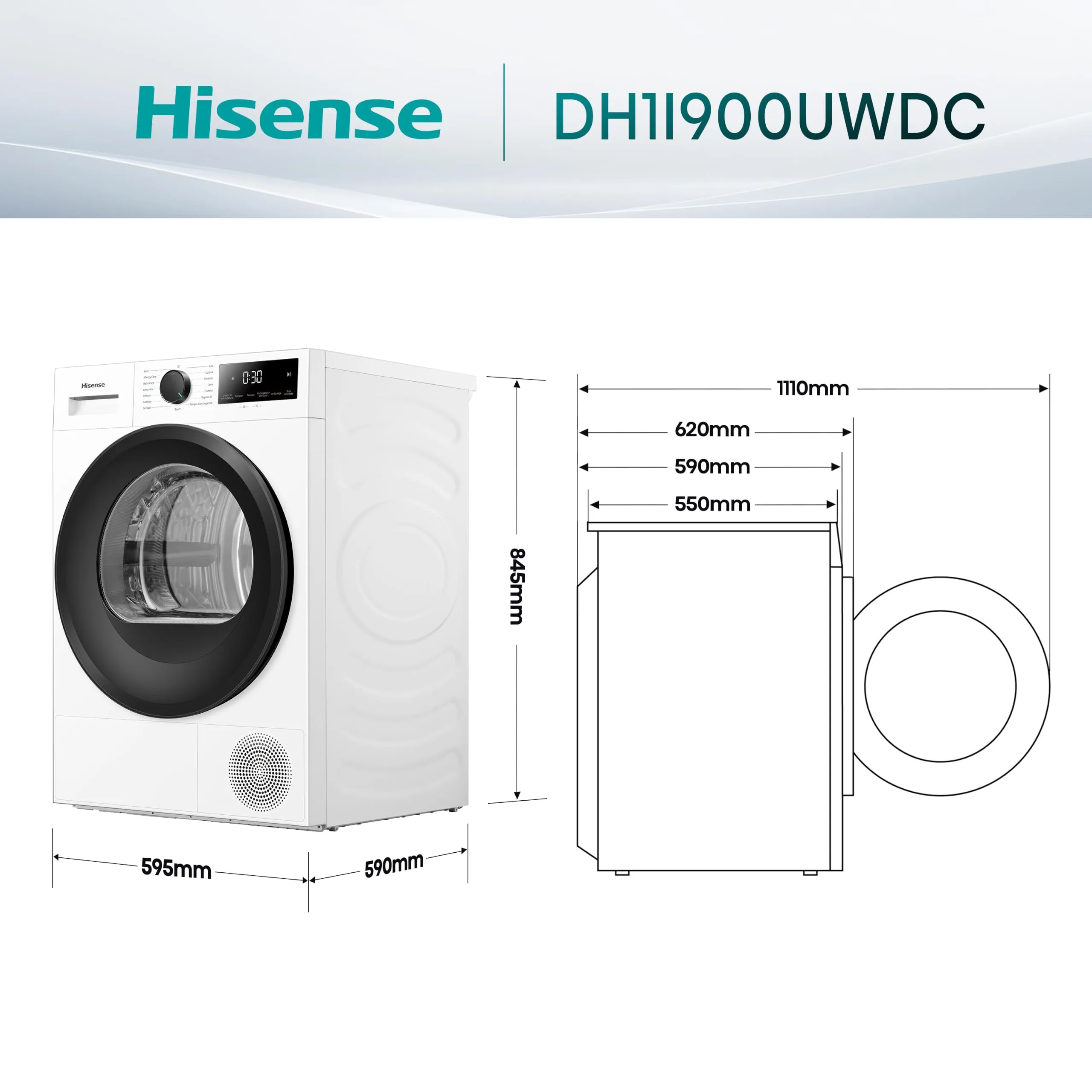 Hisense DH1I900UWDC Asciugatrice a Pompa di Calore, 9 Kg, Classe D, Display Touch, Filtro Aromatico, 15 Programmi - immagine 2