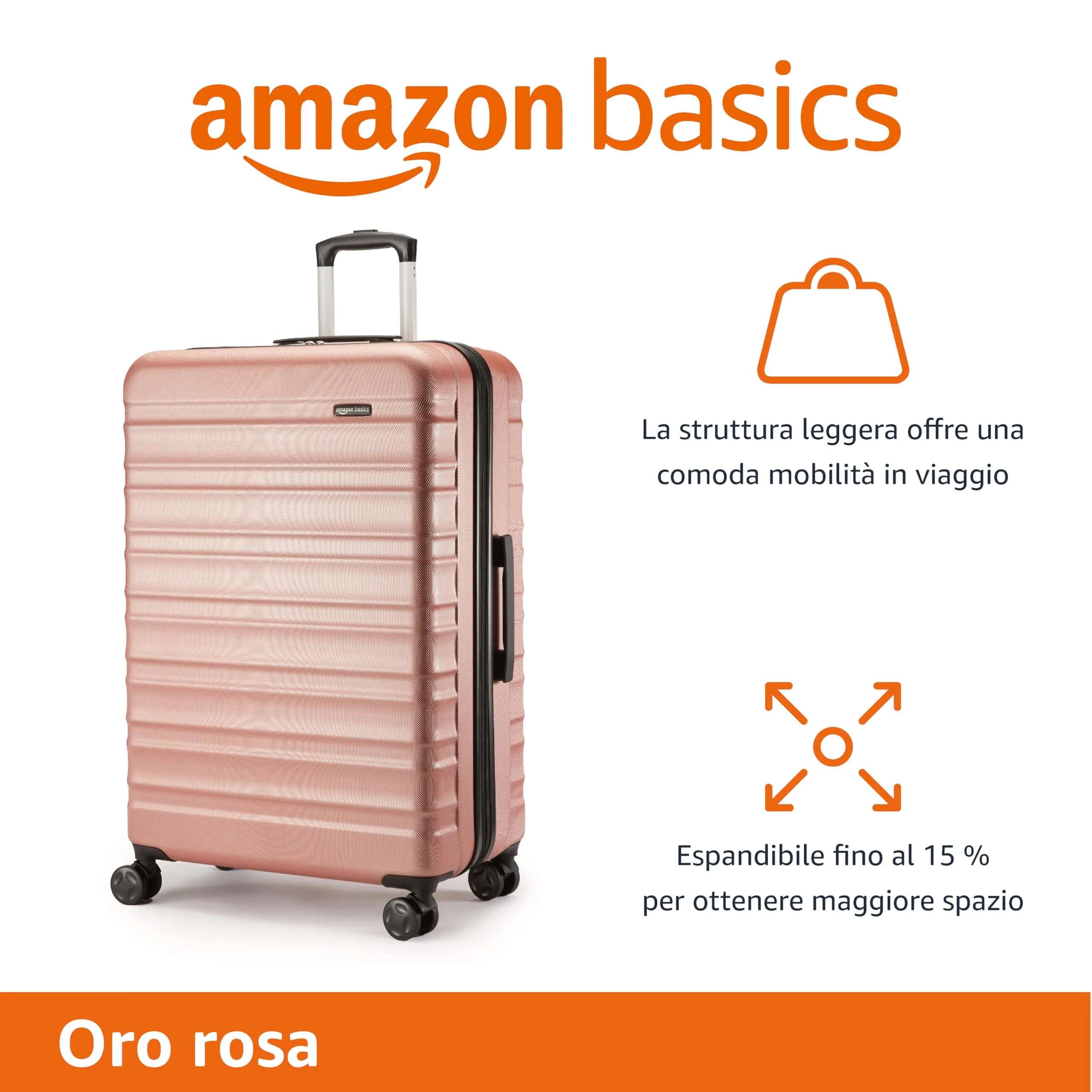 Amazon Basics Valigia Rigida Grande Espandibile in ABS, 4 Ruote Doppie, 78 x 52,6 x 32 cm - Oro Rosa - immagine 2