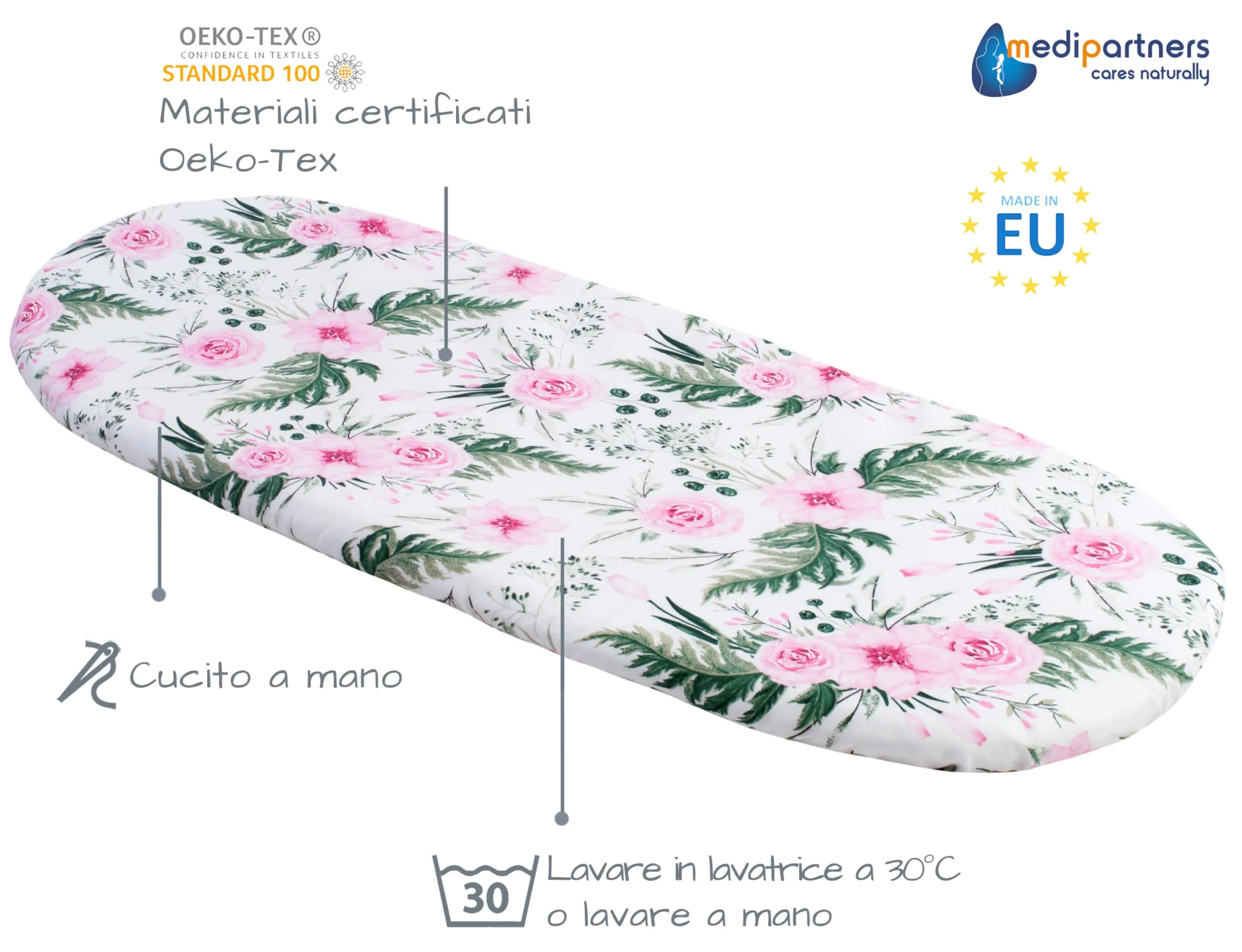 Medi Partners Lenzuolo Lettino Culla Navicella Neonato 86x40, 100% Cotone, Fiori Rosa - immagine 2