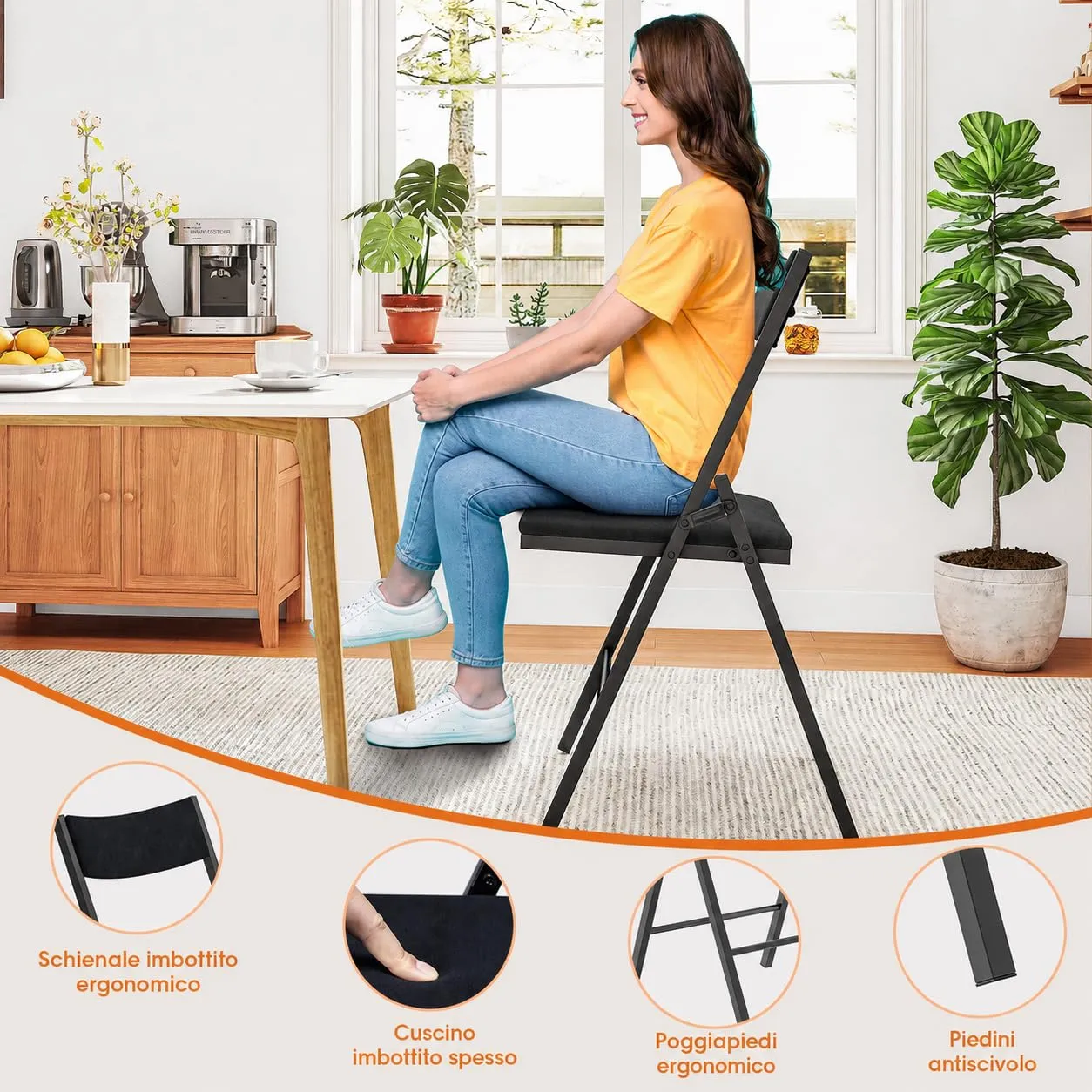 Asdsed Set di 4 Sedie Pieghevoli Imbottite in Velluto, Portata 180 kg, Nero - immagine 5