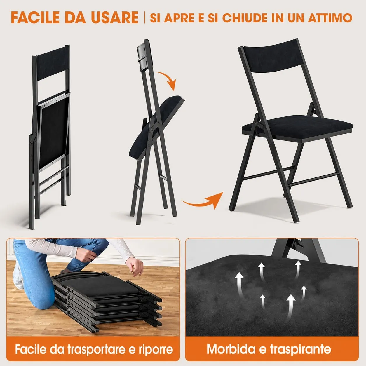 Asdsed Set di 4 Sedie Pieghevoli Imbottite in Velluto, Portata 180 kg, Nero - immagine 6