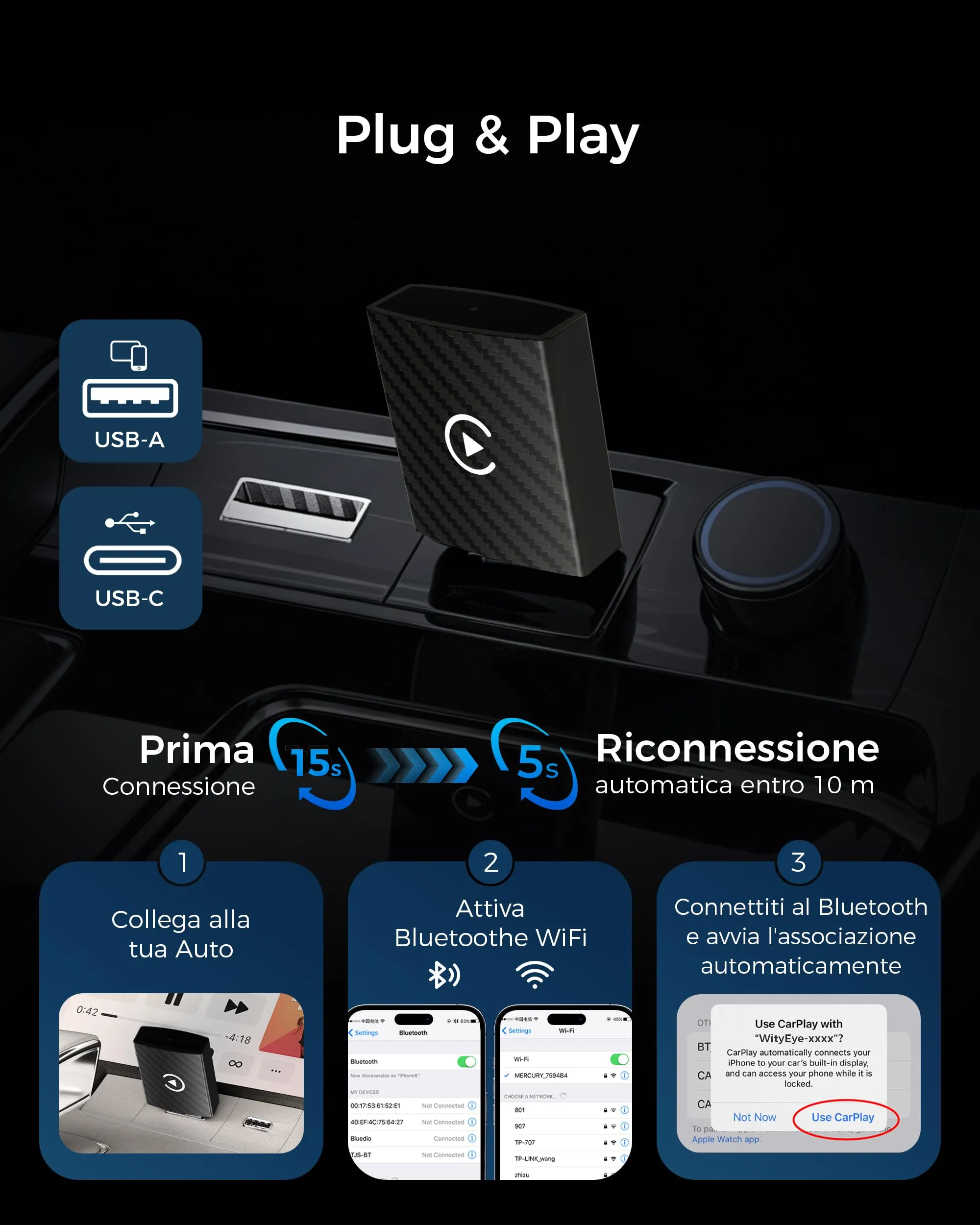 WityEye Adattatore CarPlay e Android Auto Wireless 2 in 1 - immagine 5