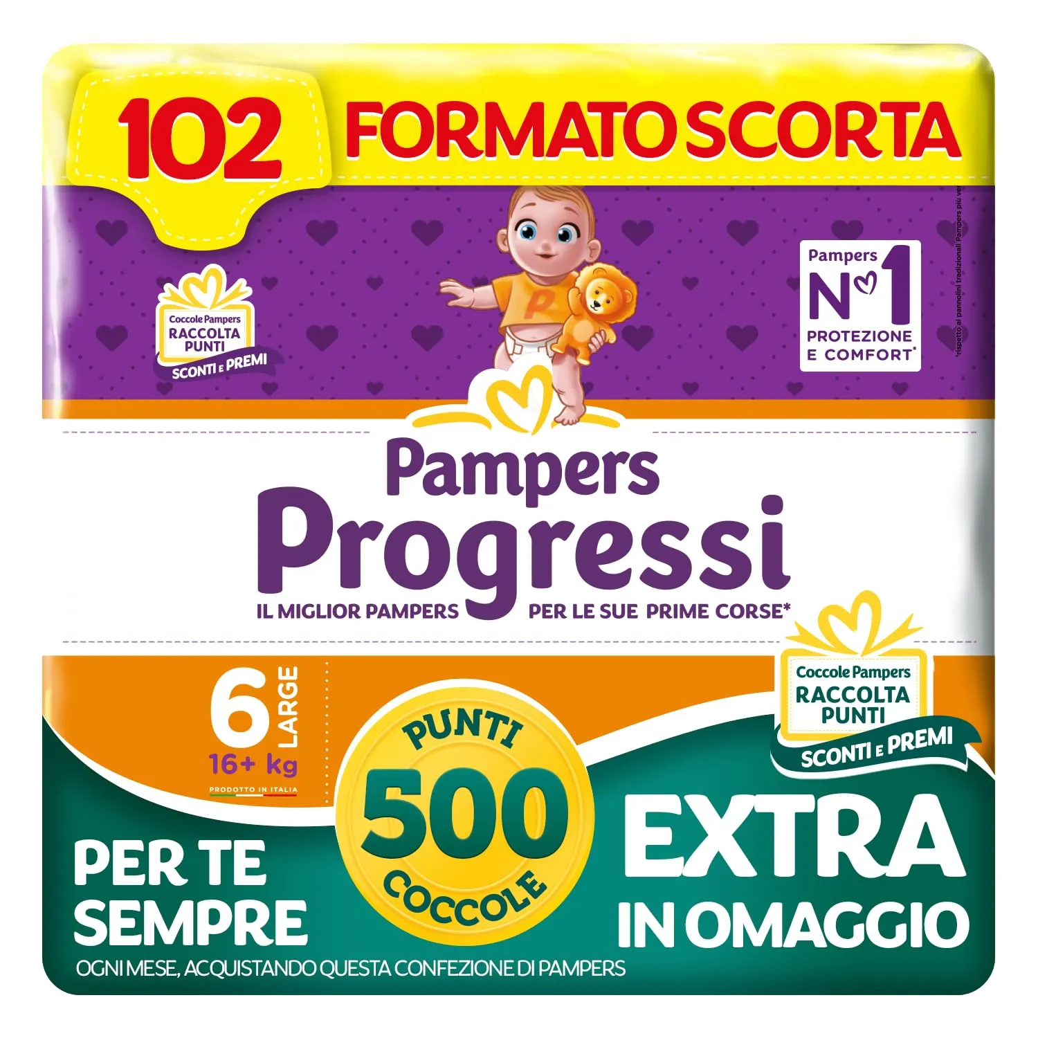 Pampers Progressi XL, Taglia 6 (16+ kg), 102 Pannolini Bambino - immagine 1