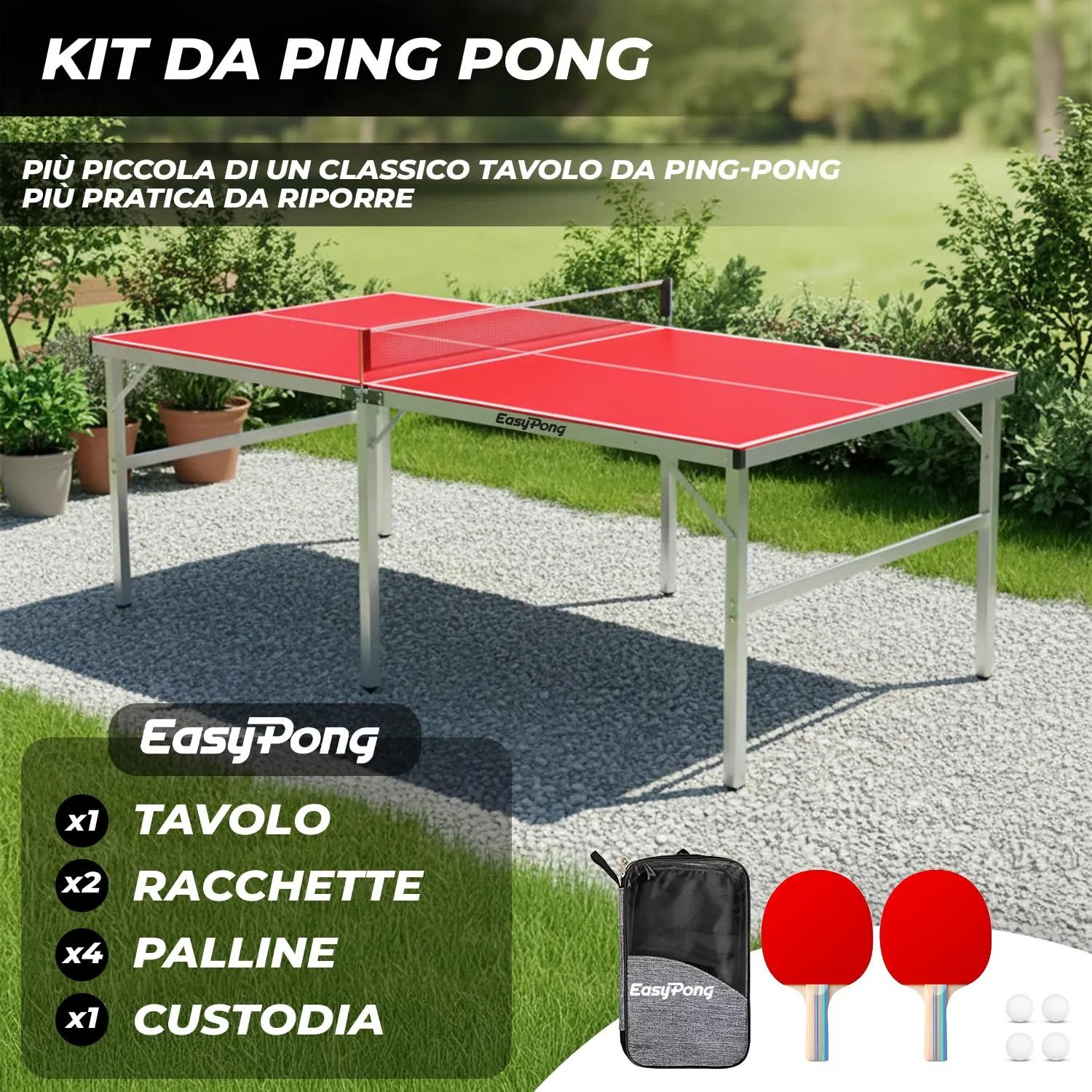 OriginalCup EasyPong Tavolo da Ping Pong Rosso 182x91cm con 2 Racchette e 4 Palline - immagine 2
