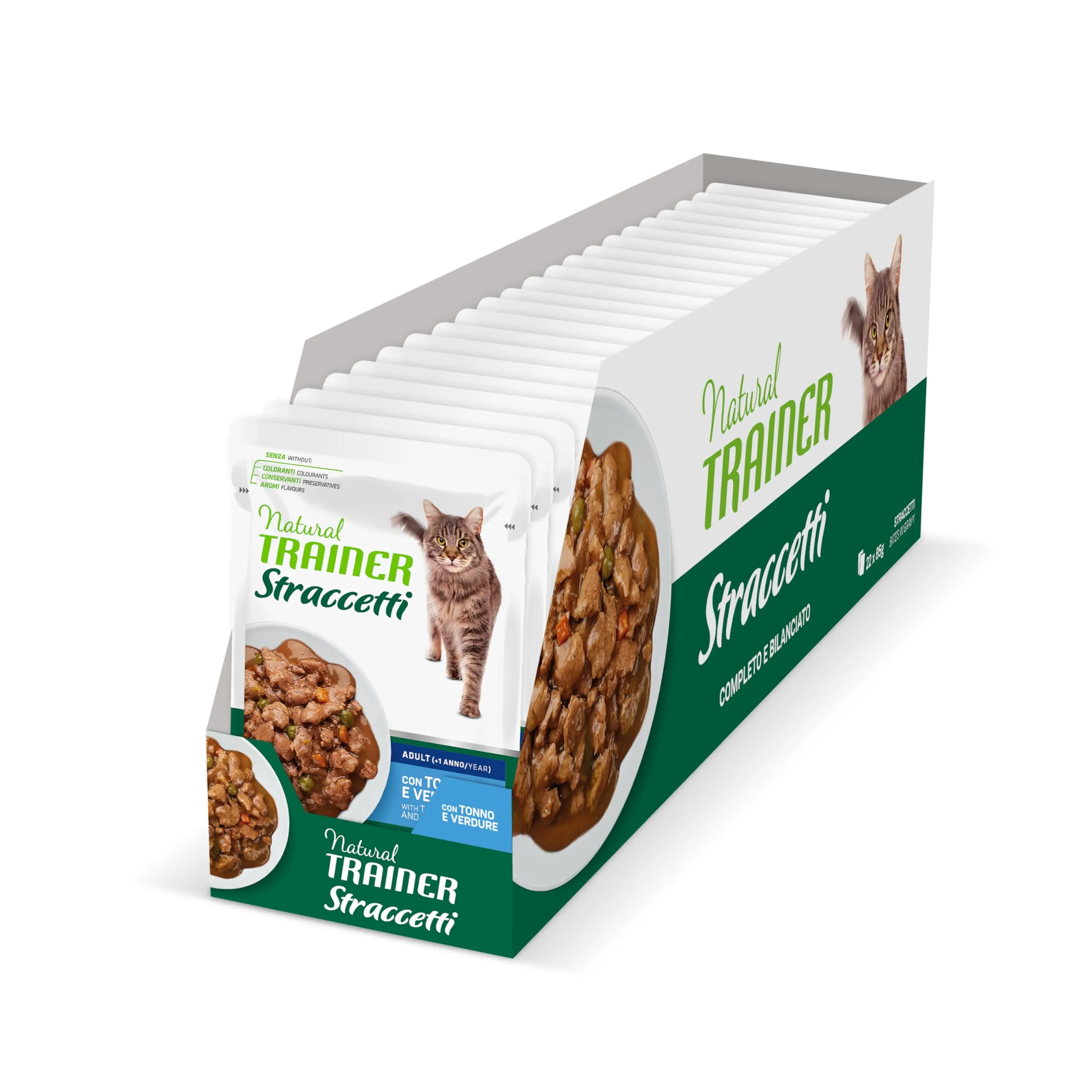 Natural Trainer Straccetti Cibo Umido per Gatti Adulti Bocconcini in Salsa con Tonno 22 x 85g - immagine 1