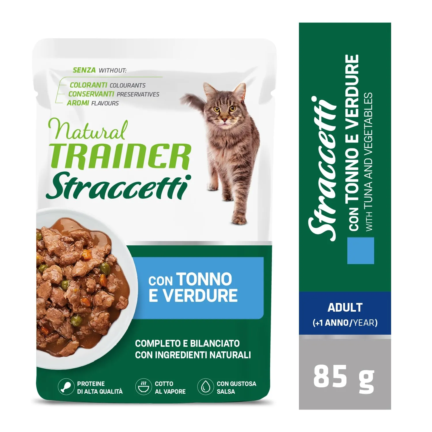 Natural Trainer Straccetti Cibo Umido per Gatti Adulti Bocconcini in Salsa con Tonno 22 x 85g - immagine 2