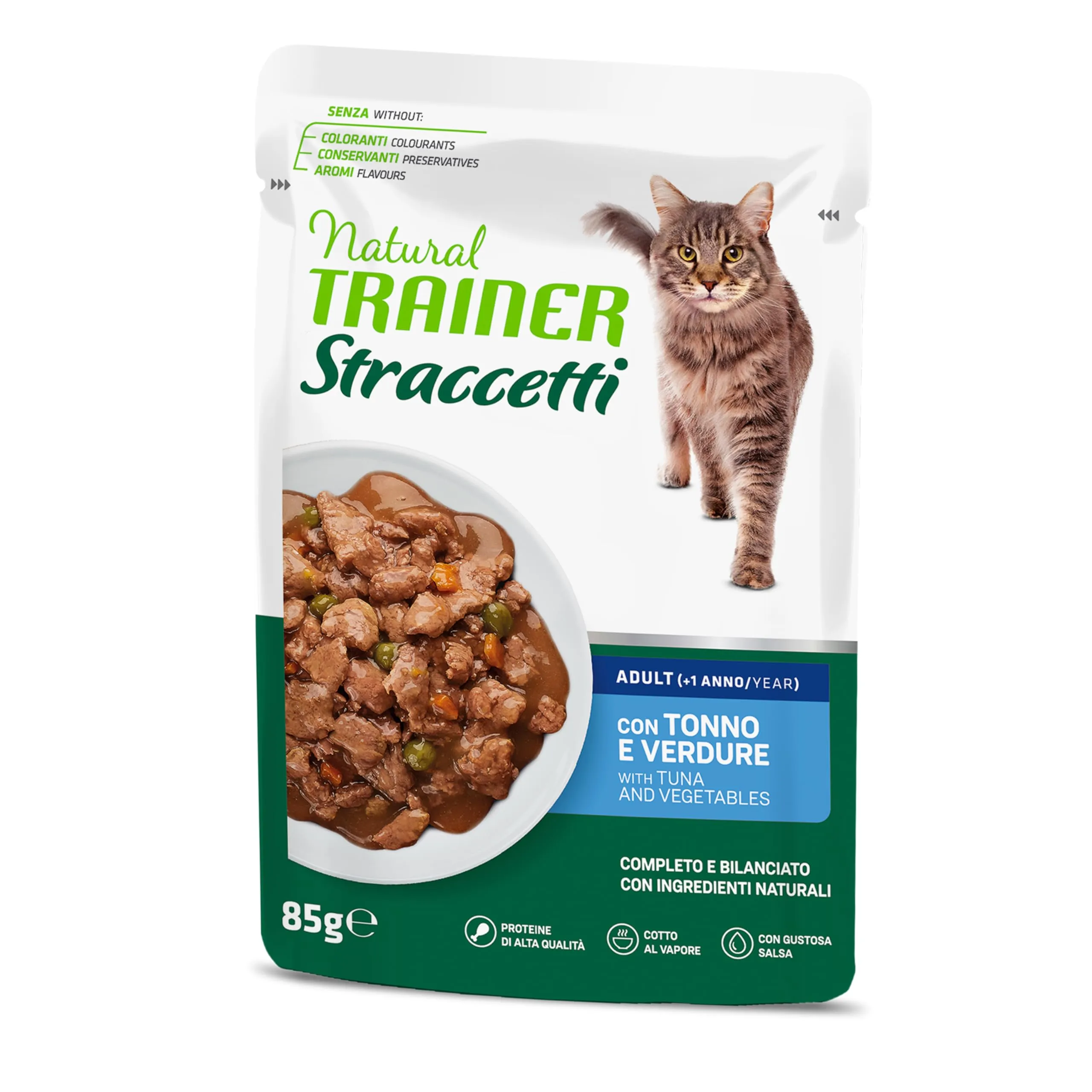 Natural Trainer Straccetti Cibo Umido per Gatti Adulti Bocconcini in Salsa con Tonno 22 x 85g - immagine 3