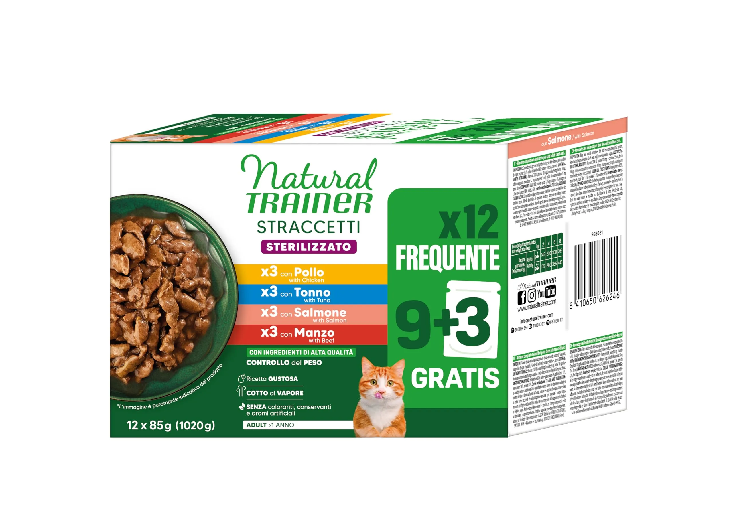 Trainer Natural Straccetti Cibo Umido per Gatti Adulti Sterilizzati, Bocconcini in salsa Multipack (Pollo, Tonno, Salmone, Manzo), 12 x 85g - immagine 1