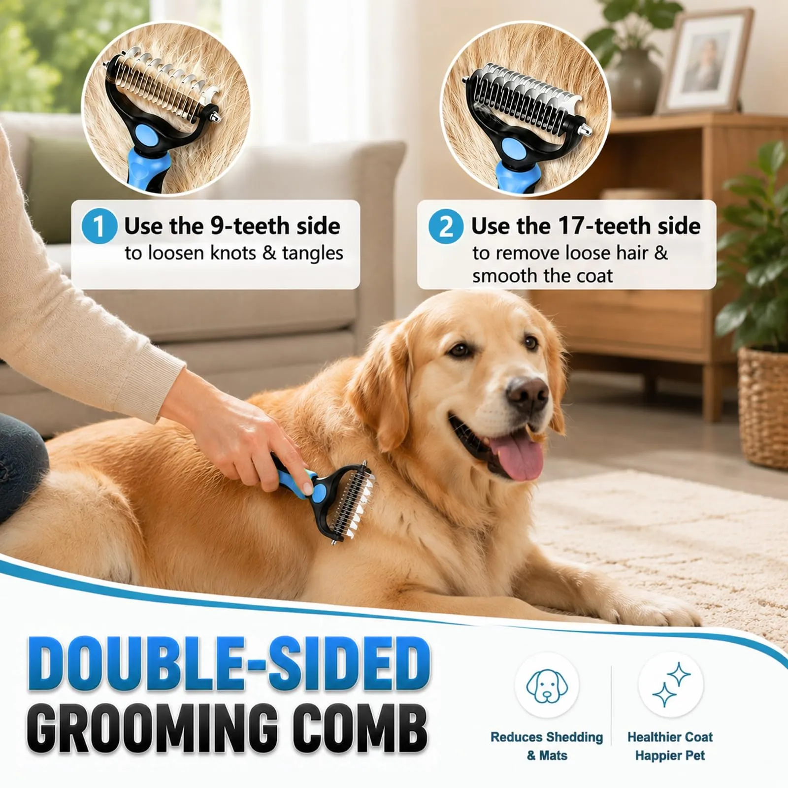 soodyoow Set Spazzola Doppia Faccia 17+9 e Pettine 63 Denti in Acciaio per Cani e Gatti, Blu - immagine 3