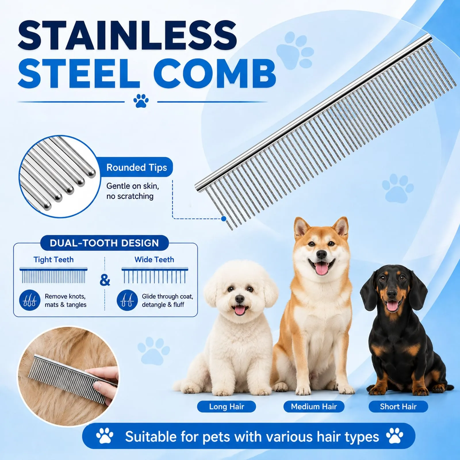 soodyoow Set Spazzola Doppia Faccia 17+9 e Pettine 63 Denti in Acciaio per Cani e Gatti, Blu - immagine 4