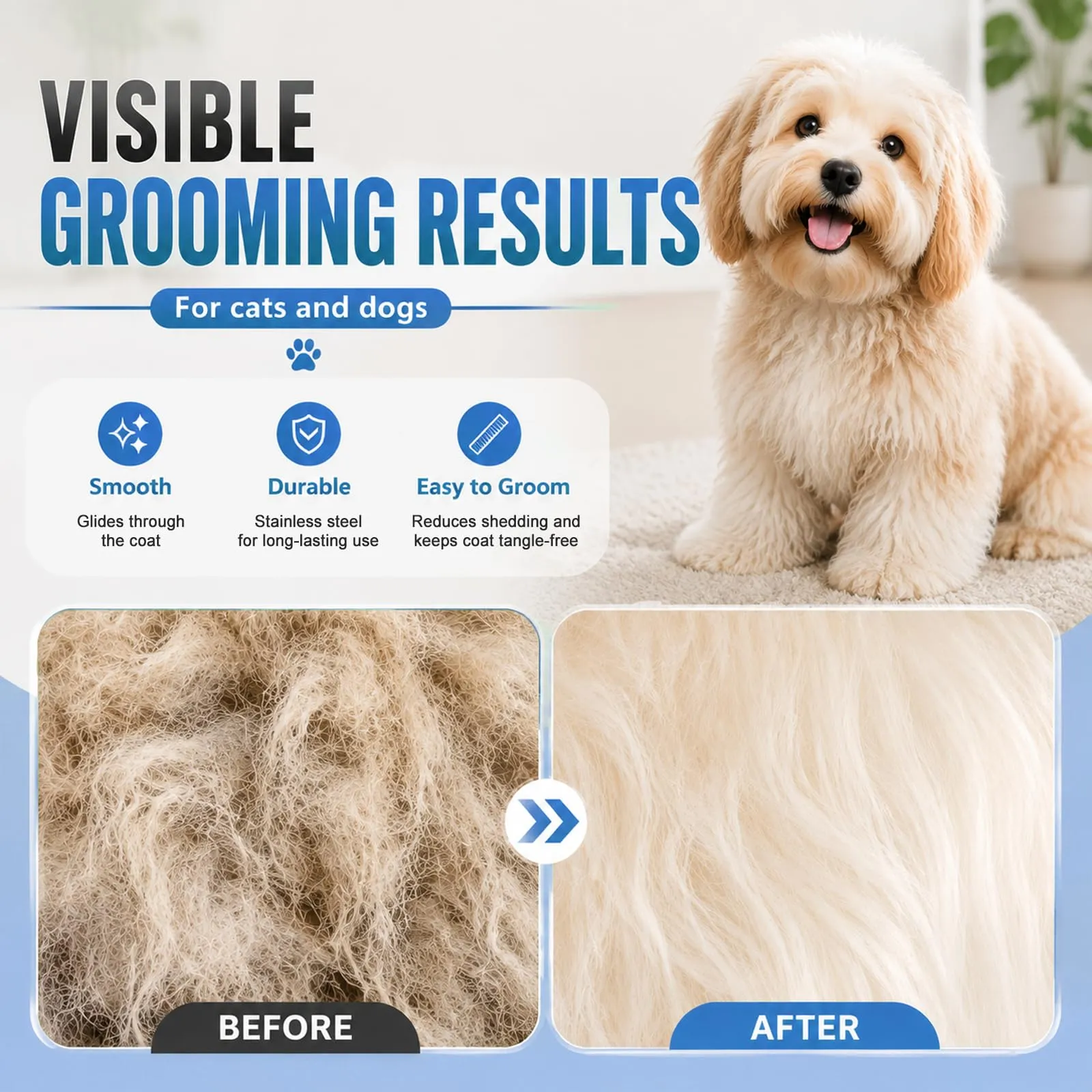 soodyoow Set Spazzola Doppia Faccia 17+9 e Pettine 63 Denti in Acciaio per Cani e Gatti, Blu - immagine 6