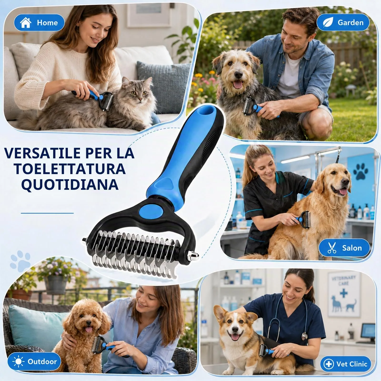 Soodyoow Spazzola per Cani e Gatti, Pettine Doppia Faccia 17+9 in Acciaio Inossidabile per Rimuovere Peli Morti e Nodi (Blu) - immagine 7