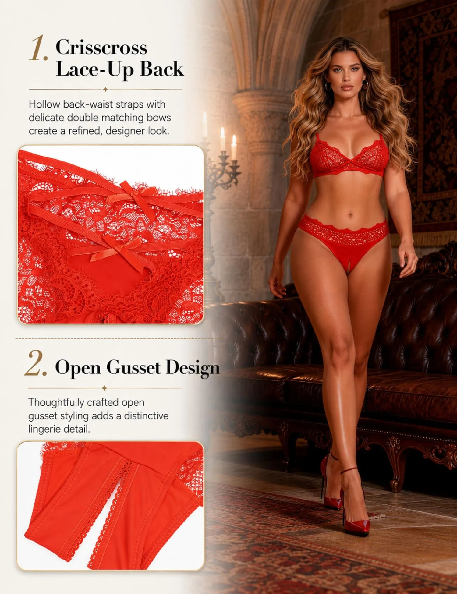 comeondear Perizoma Aperta Donna in Pizzo, Rosso, XL - immagine 4