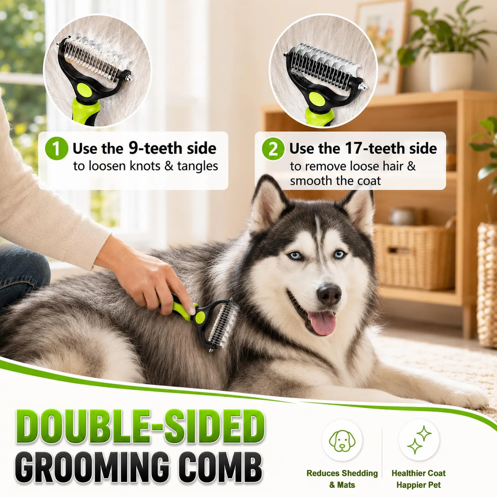 soodyoow Set Spazzola Doppia Faccia 17+9 e Pettine 63 Denti in Acciaio per Cani e Gatti, Verde - immagine 3