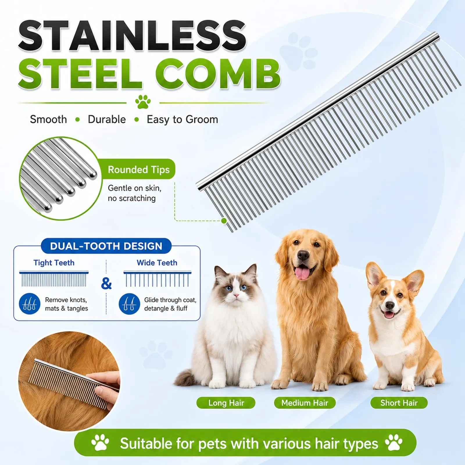 soodyoow Set Spazzola Doppia Faccia 17+9 e Pettine 63 Denti in Acciaio per Cani e Gatti, Verde - immagine 4
