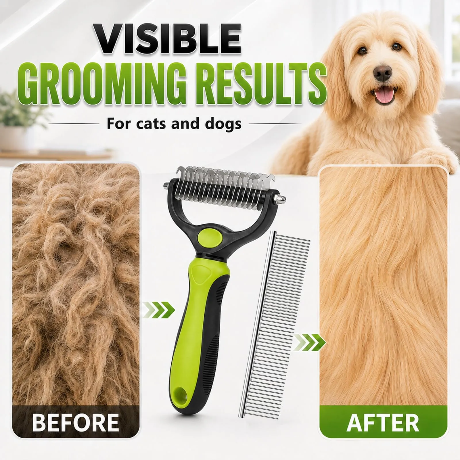 soodyoow Set Spazzola Doppia Faccia 17+9 e Pettine 63 Denti in Acciaio per Cani e Gatti, Verde - immagine 6